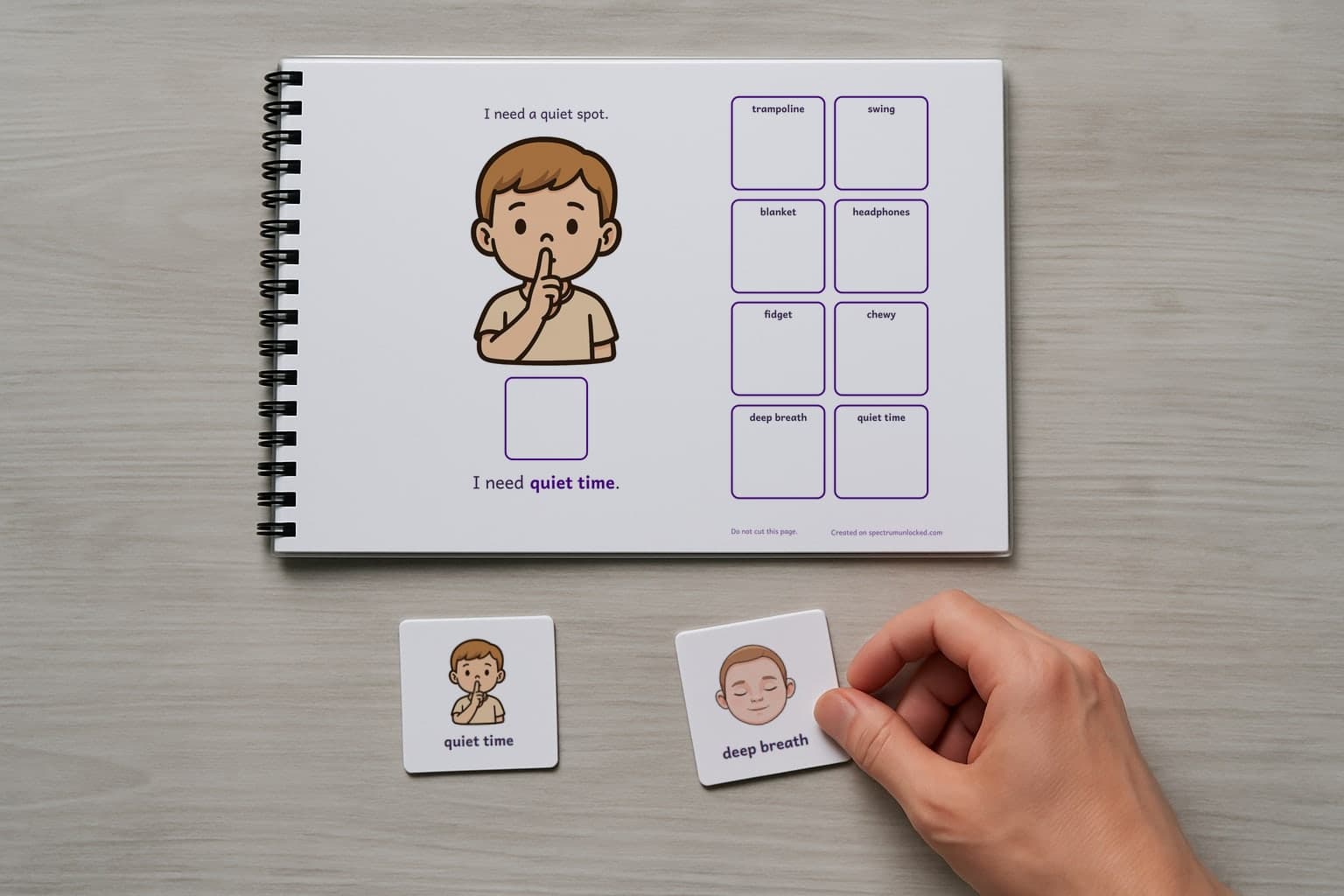 The last page of the Sensory Breaks adapted book with its choice column, two picture cards resting beside it