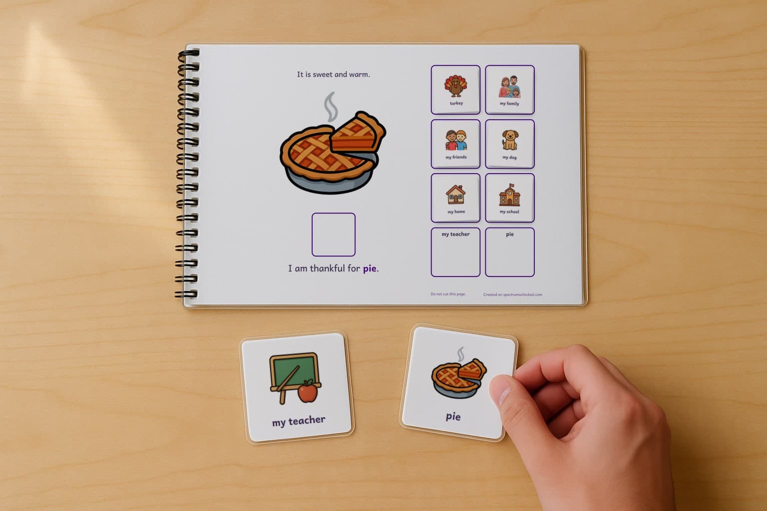 The I Am Thankful adapted book with its picture cards stored on the choice column, the last two loose on the table