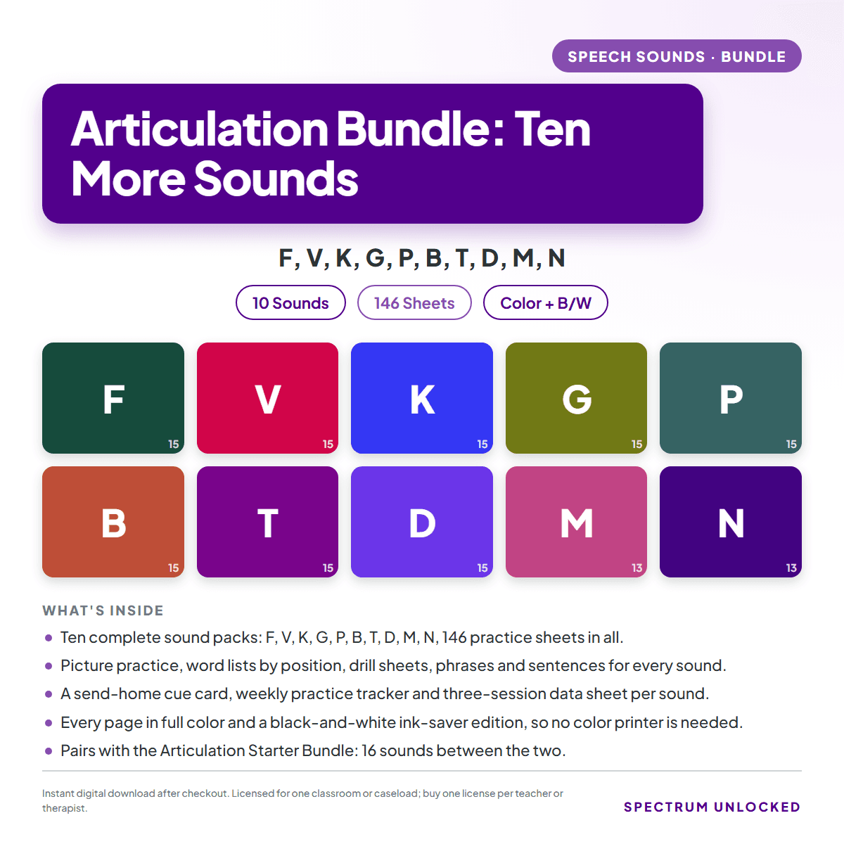Articulation Bundle cover showing the ten speech sound packs F, V, K, G, P, B, T, D, M and N