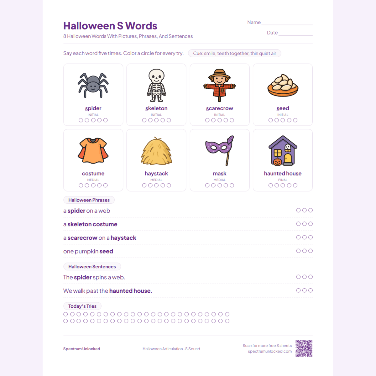 Halloween S words page with spider, skeleton and scarecrow pictures, phrases and sentences