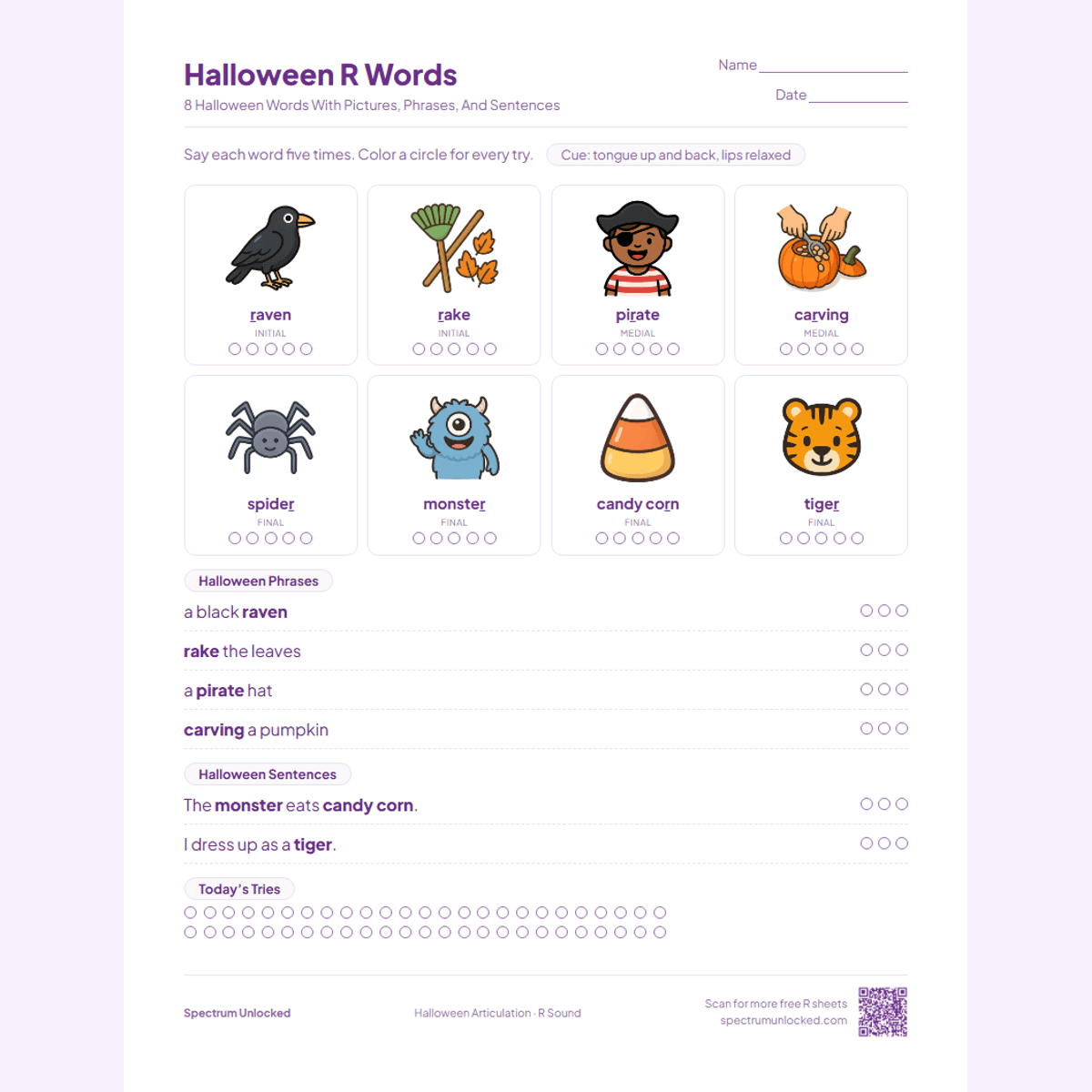 Halloween R words page with raven, pirate and candy corn pictures
