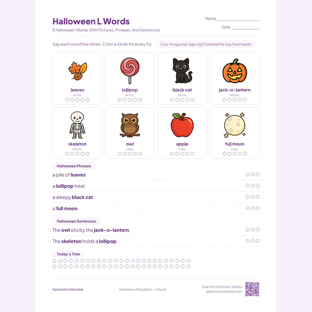 Halloween L words page with leaves, jack-o-lantern and owl pictures