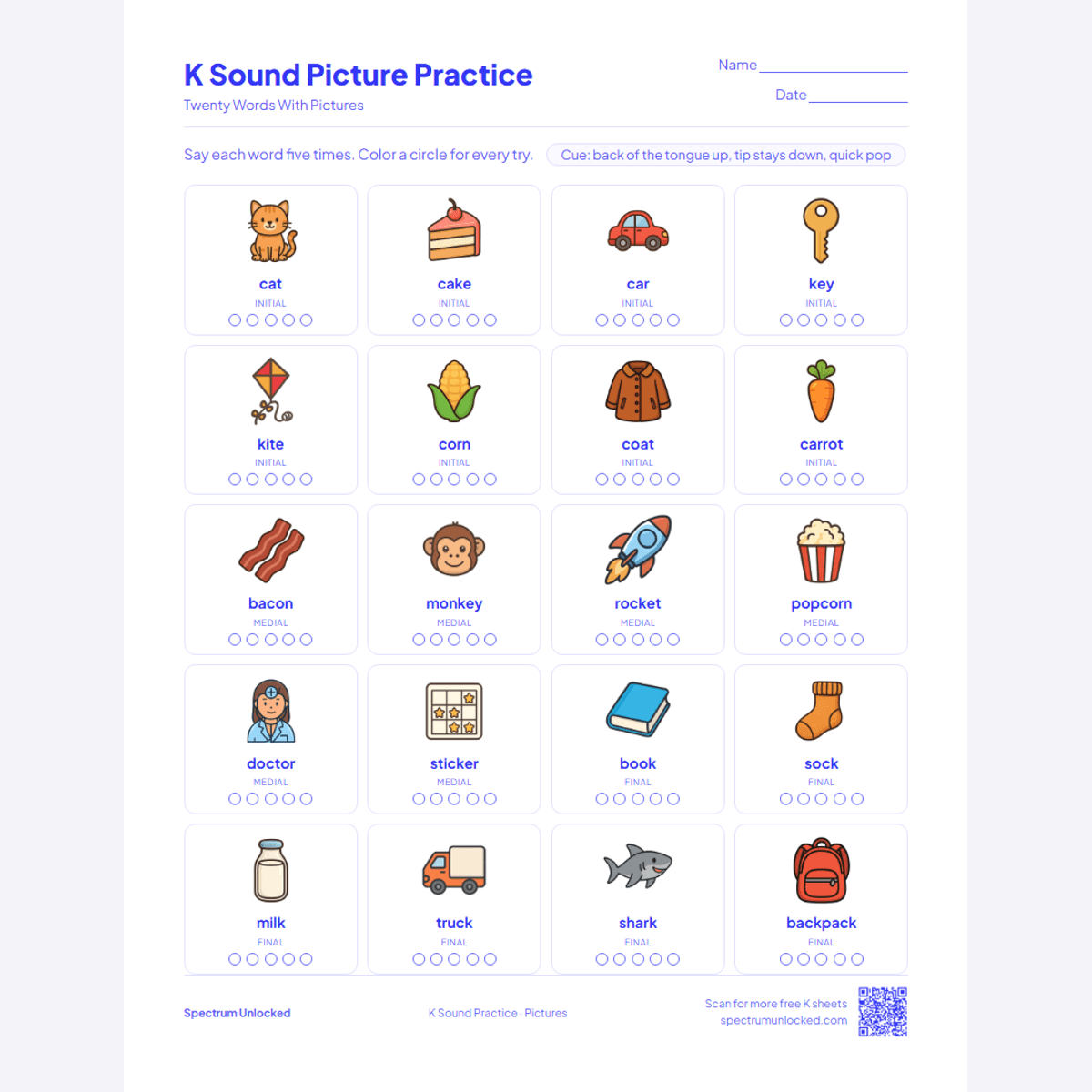 Picture practice page with 20 illustrated K words