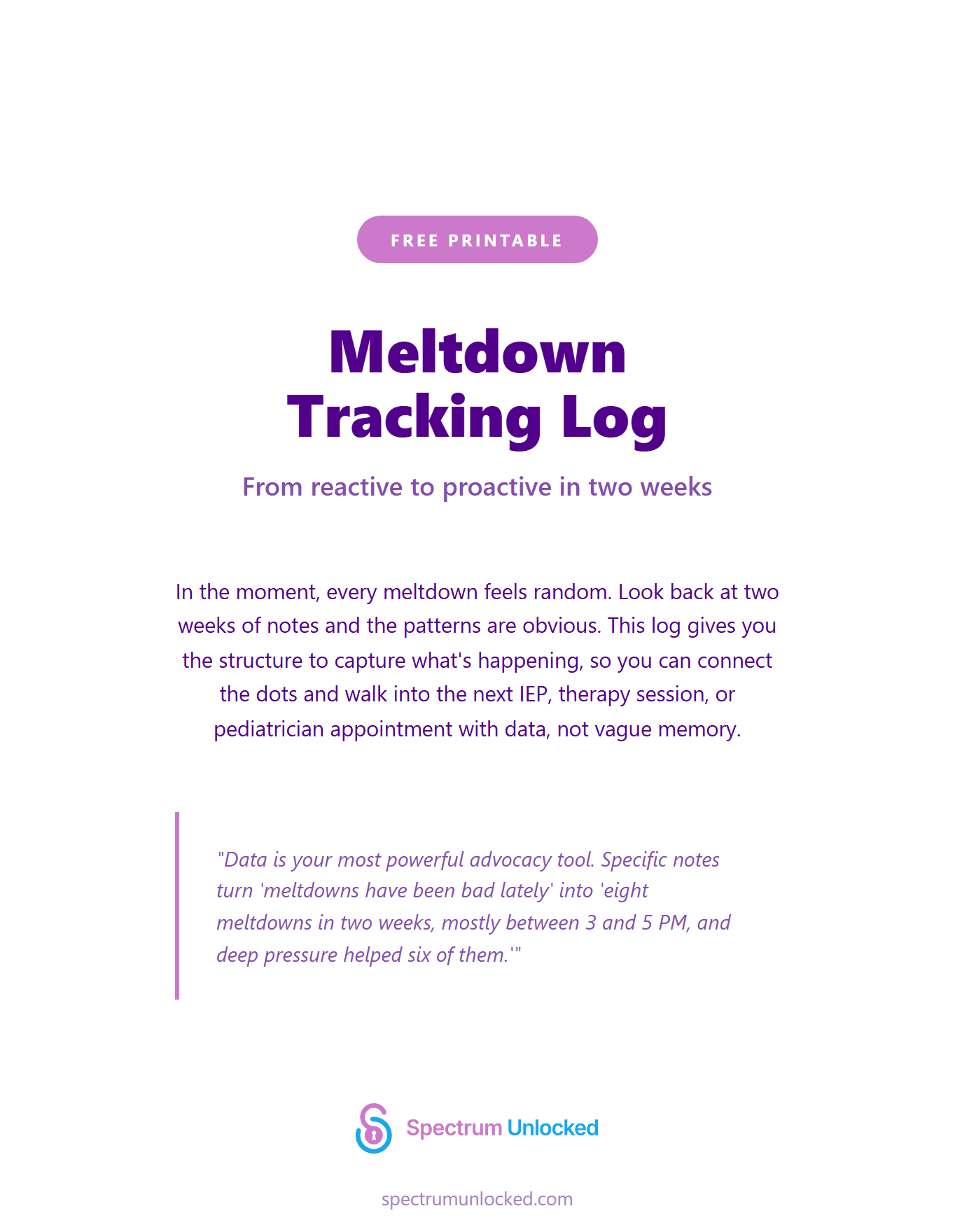 Printable autism behavior tracking log with an ABC chart for recording meltdowns