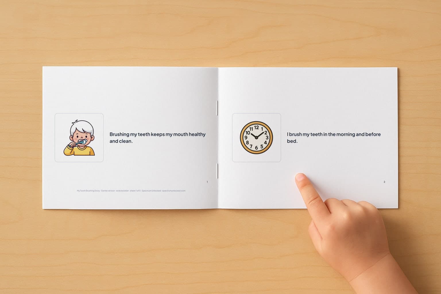 The Brushing Teeth social story booklet open to its first two pages, a child's finger pointing at the picture