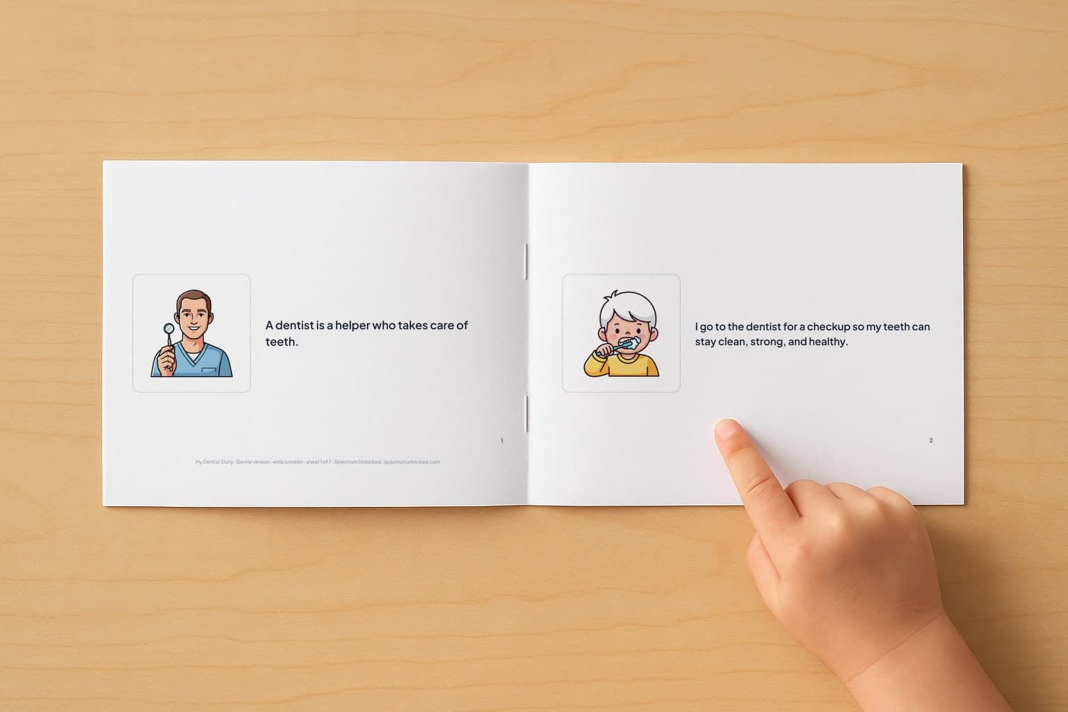 The Going to the Dentist social story booklet open to its first two pages, a child's finger pointing at the picture