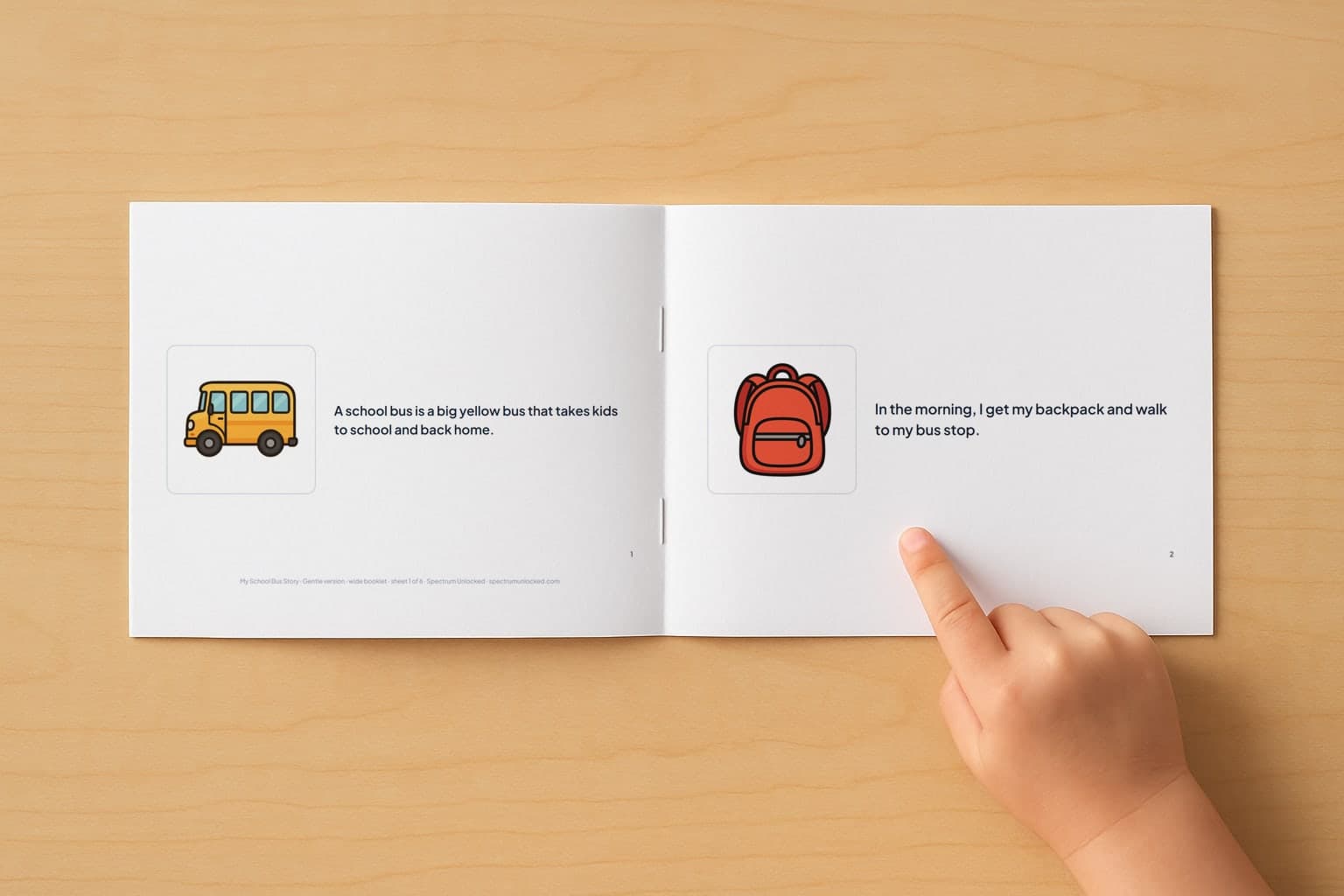 The Riding the School Bus social story booklet open to its first two pages, a child's finger pointing at the picture