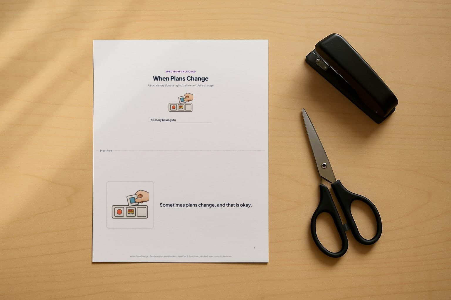 The When Plans Change social story printed two pages to a Letter sheet, scissors and a stapler beside it before the cut