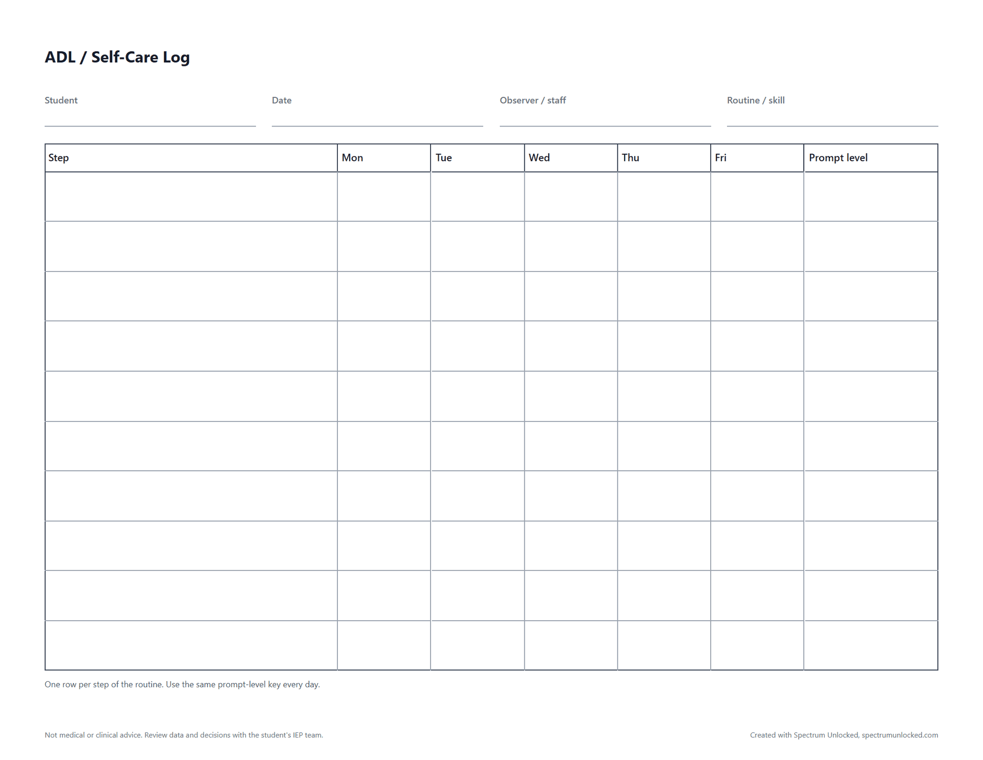 Preview of the ADL / Self-Care Log, a free printable autism data collection sheet from Spectrum Unlocked