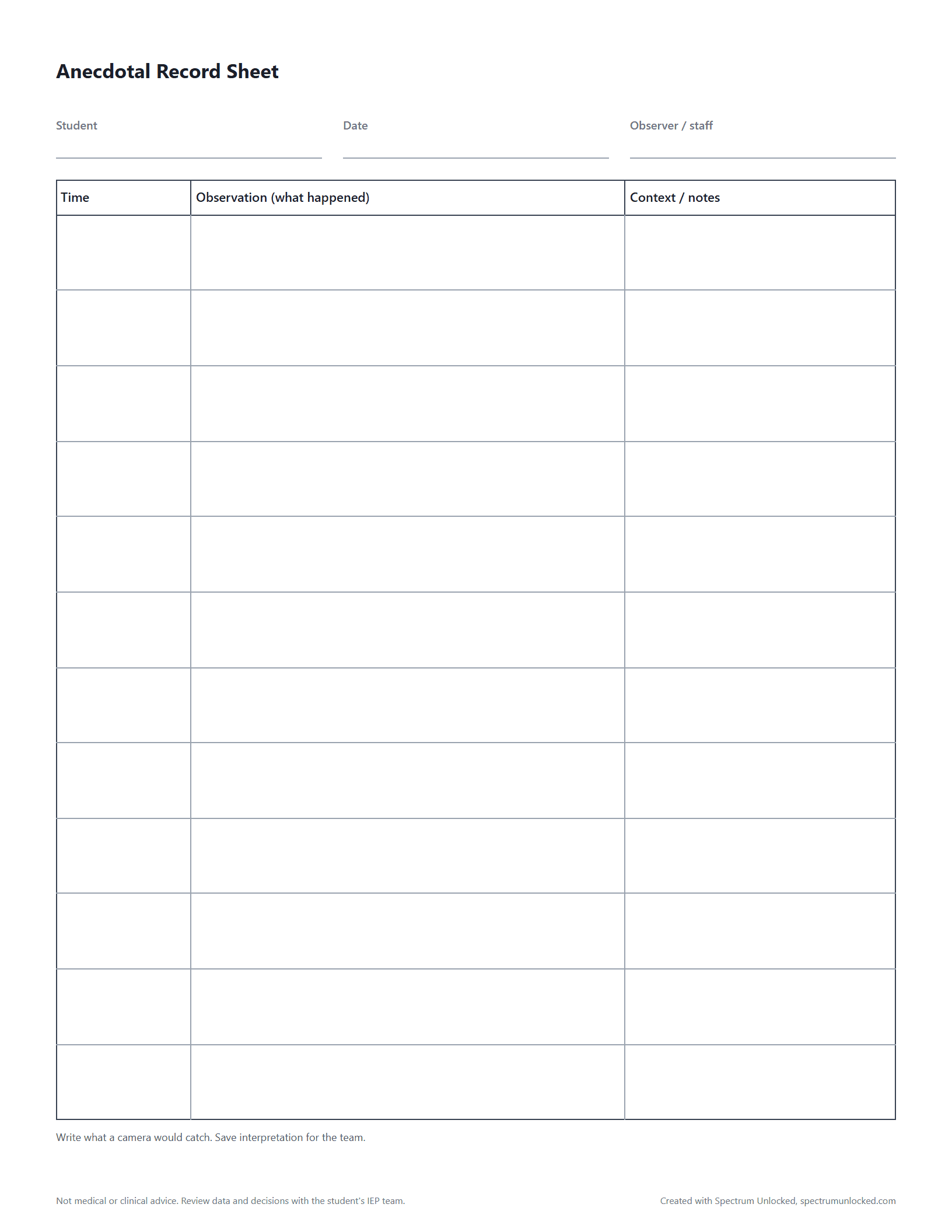 Preview of the Anecdotal Record Sheet, a free printable autism data collection sheet from Spectrum Unlocked