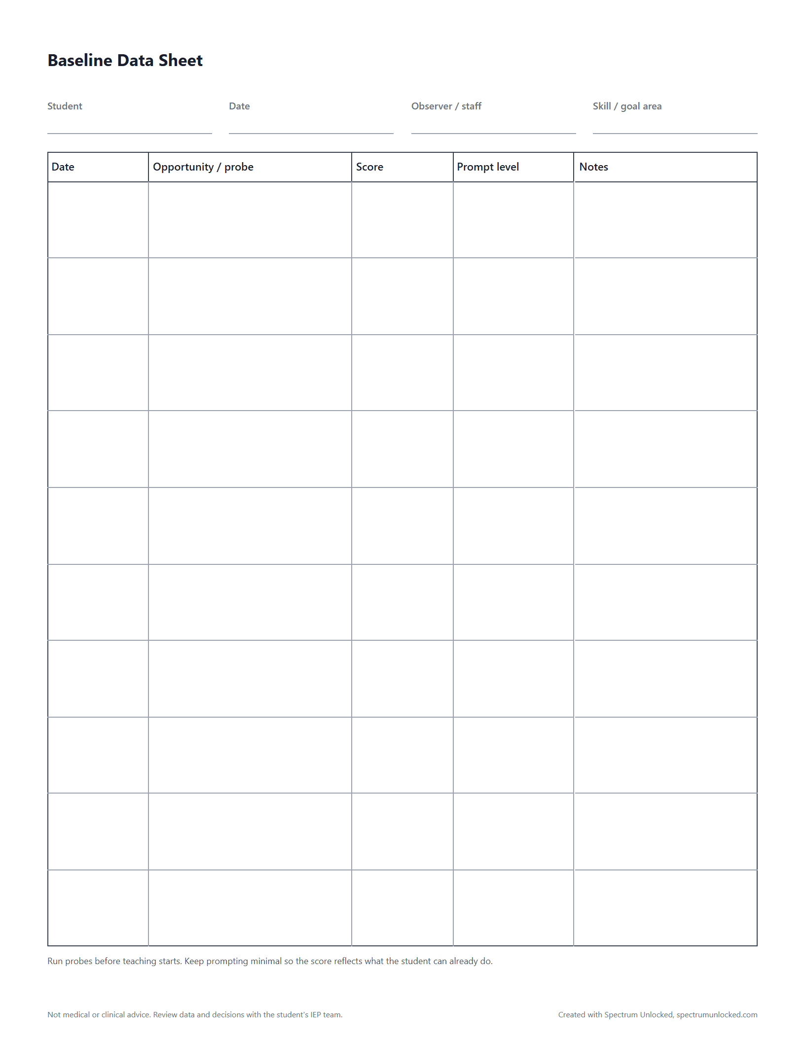 Preview of the Baseline Data Sheet, a free printable autism data collection sheet from Spectrum Unlocked