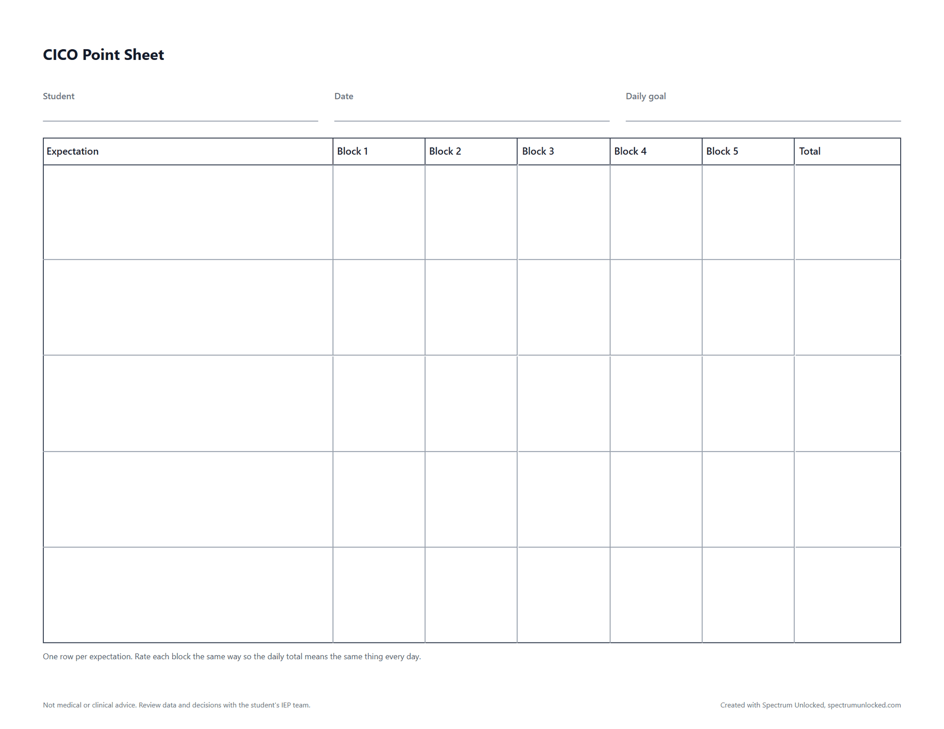 Preview of the CICO Point Sheet, a free printable autism data collection sheet from Spectrum Unlocked