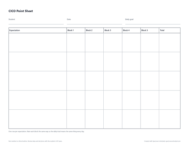 CICO Point Sheet preview