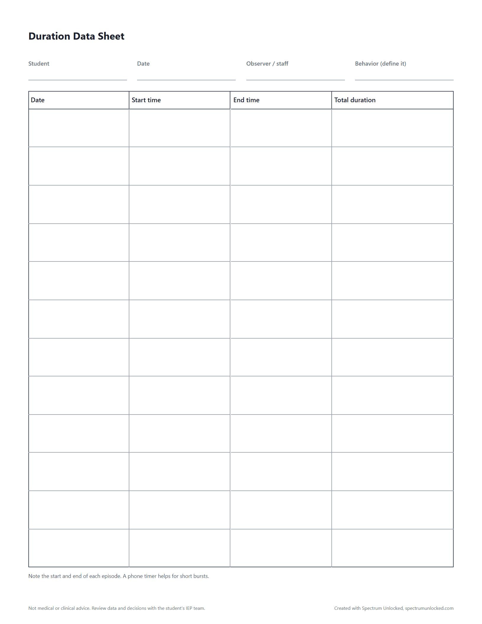 Preview of the Duration Data Sheet, a free printable autism data collection sheet from Spectrum Unlocked