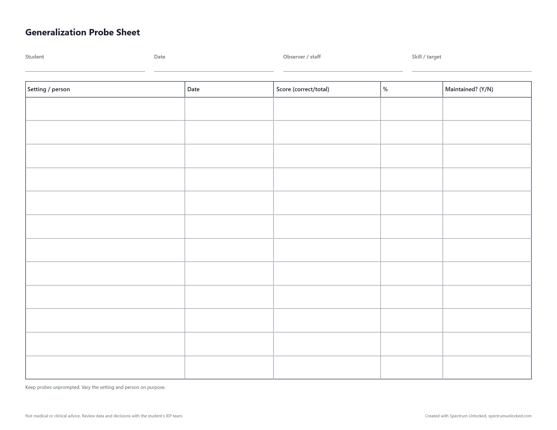Preview of the Generalization Probe Sheet, a free printable autism data collection sheet from Spectrum Unlocked