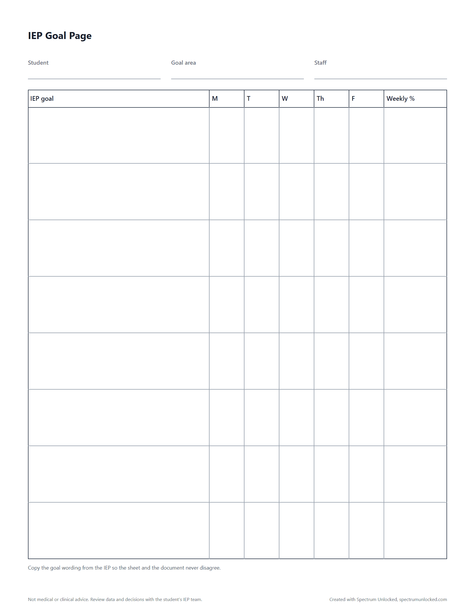 Preview of the IEP Goal Page, a free printable autism data collection sheet from Spectrum Unlocked