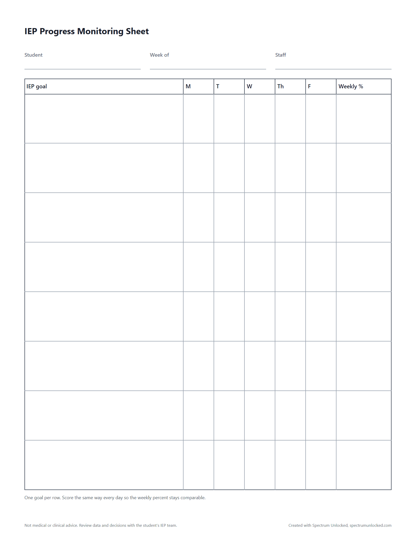 Preview of the IEP Progress Monitoring Sheet, a free printable autism data collection sheet from Spectrum Unlocked