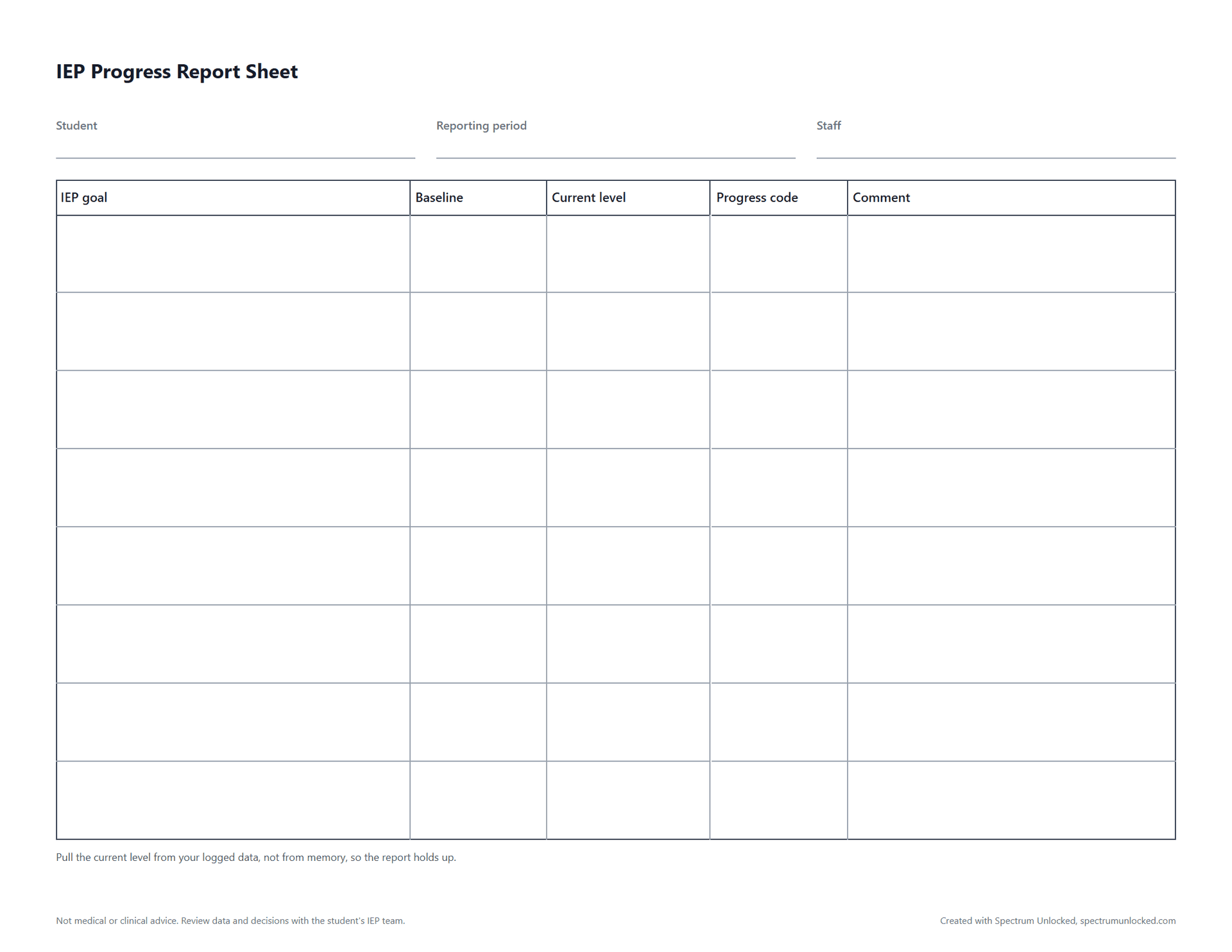 Preview of the IEP Progress Report Sheet, a free printable autism data collection sheet from Spectrum Unlocked