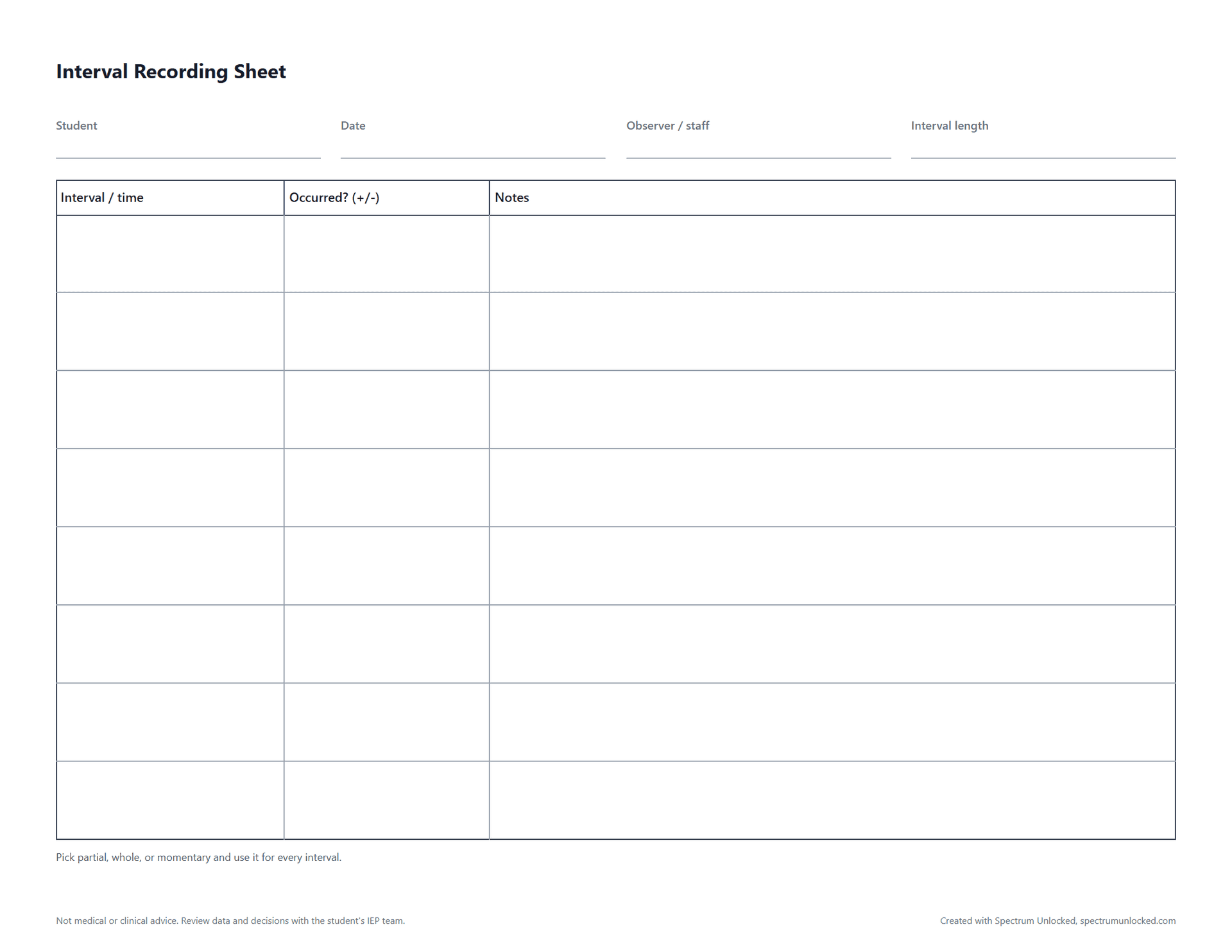 Preview of the Interval Recording Sheet, a free printable autism data collection sheet from Spectrum Unlocked