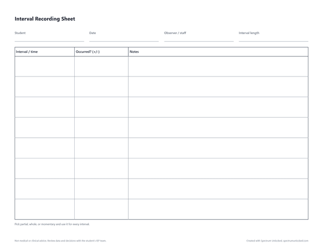 Interval Recording Sheet preview