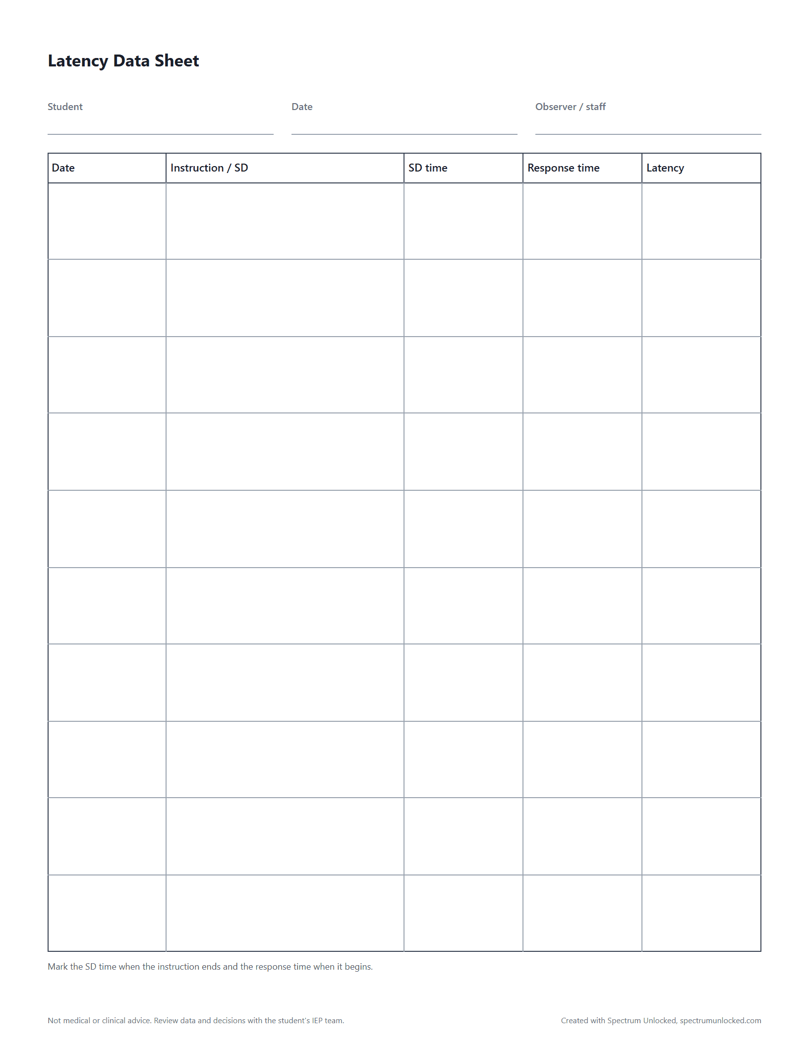 Preview of the Latency Data Sheet, a free printable autism data collection sheet from Spectrum Unlocked