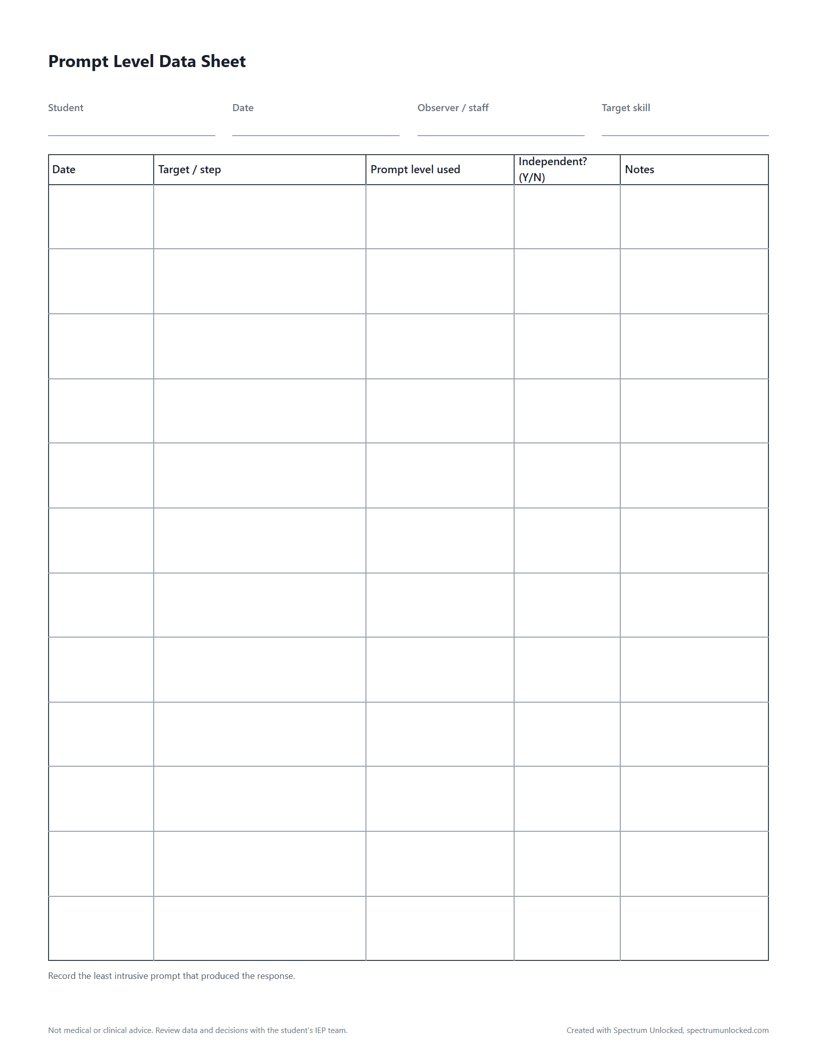 Preview of the Prompt Level Data Sheet, a free printable autism data collection sheet from Spectrum Unlocked