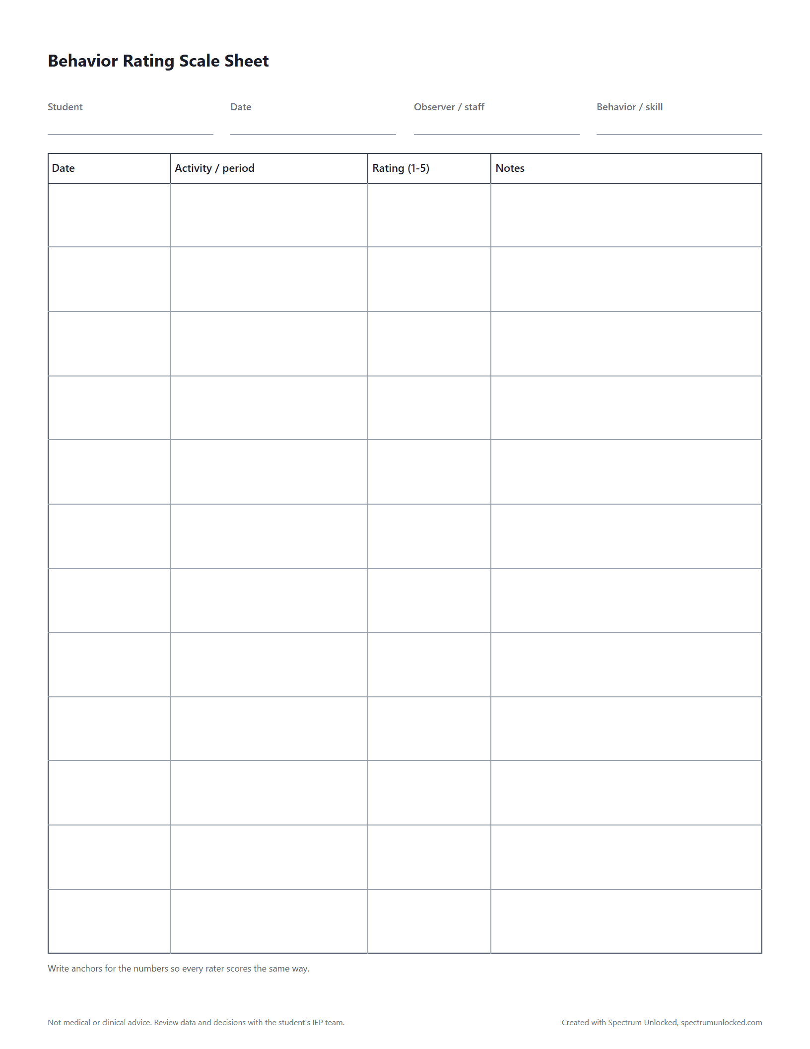 Preview of the Behavior Rating Scale Sheet, a free printable autism data collection sheet from Spectrum Unlocked