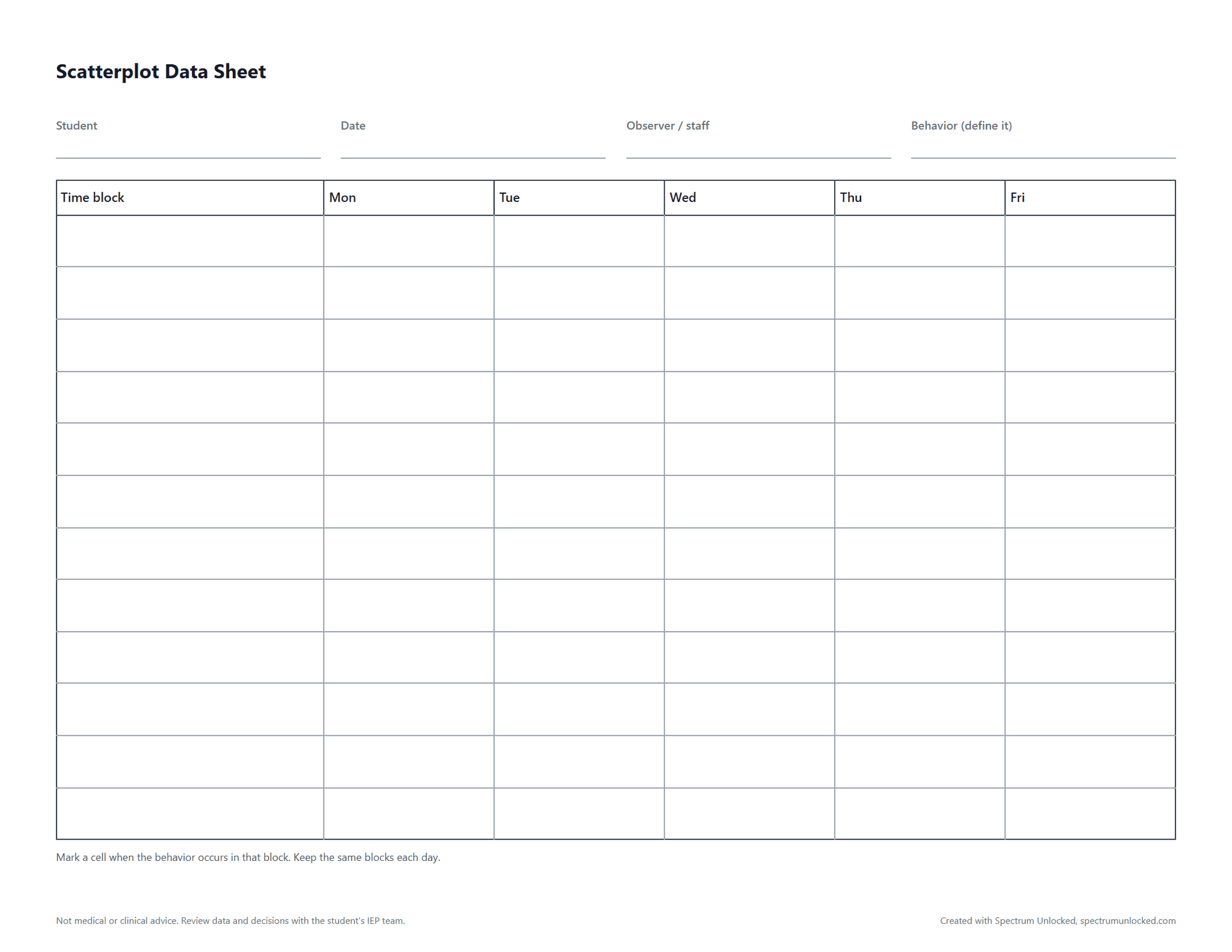 Preview of the Scatterplot Data Sheet, a free printable autism data collection sheet from Spectrum Unlocked