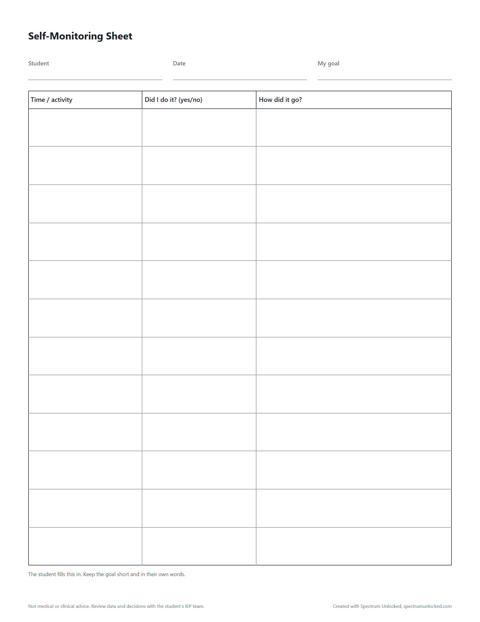 Preview of the Self-Monitoring Sheet, a free printable autism data collection sheet from Spectrum Unlocked