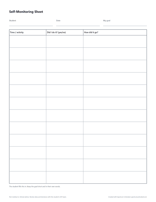 Self-Monitoring Sheet preview