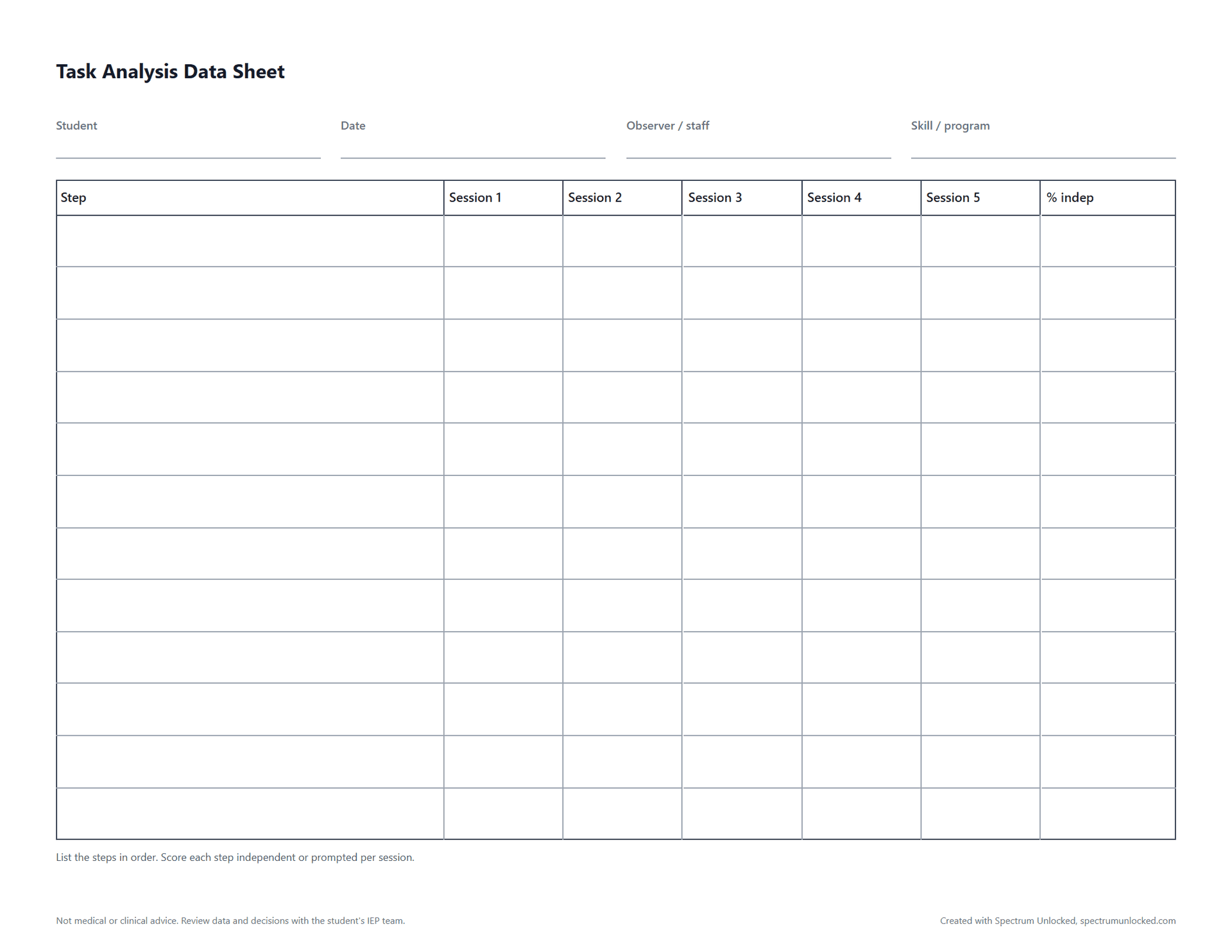 Preview of the Task Analysis Data Sheet, a free printable autism data collection sheet from Spectrum Unlocked