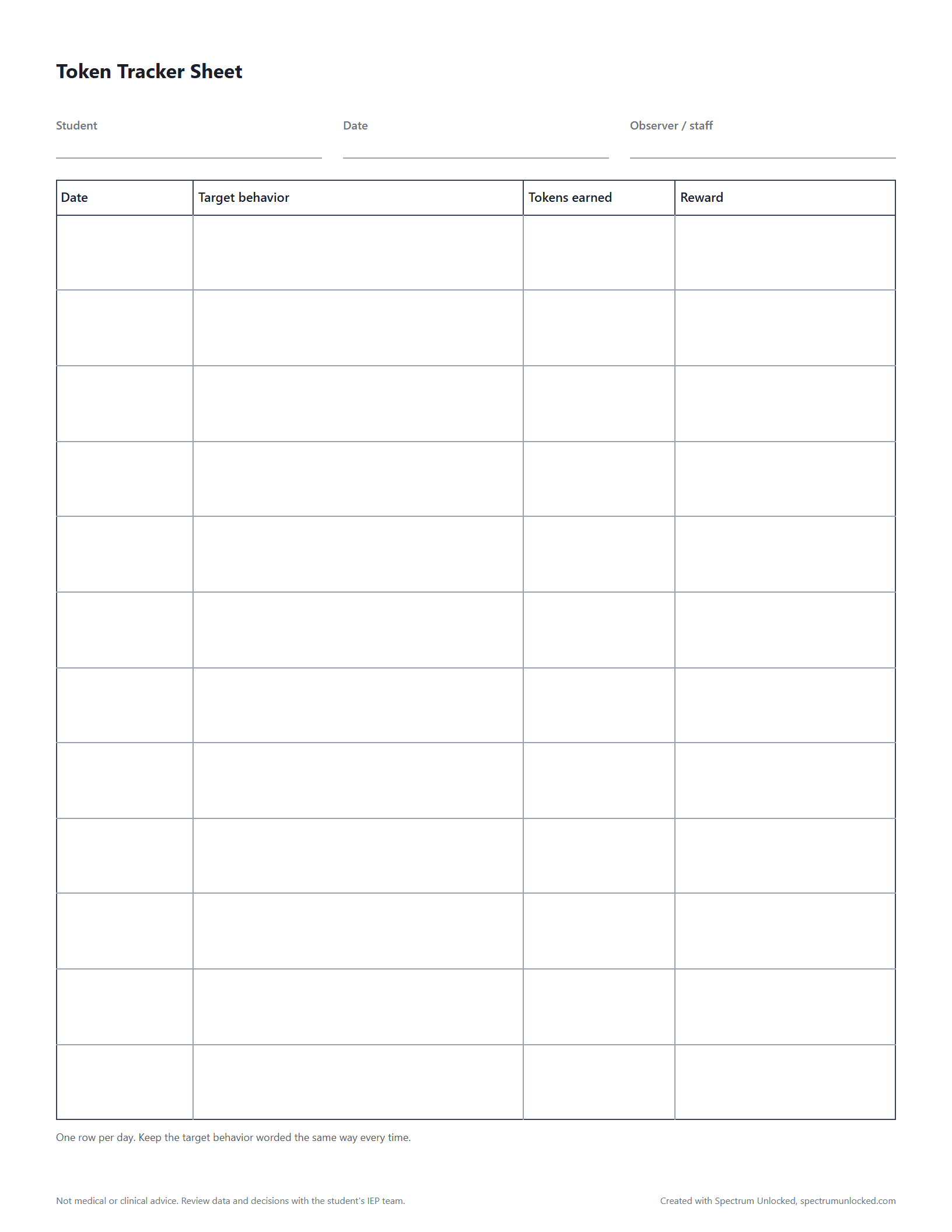 Preview of the Token Tracker Sheet, a free printable autism data collection sheet from Spectrum Unlocked