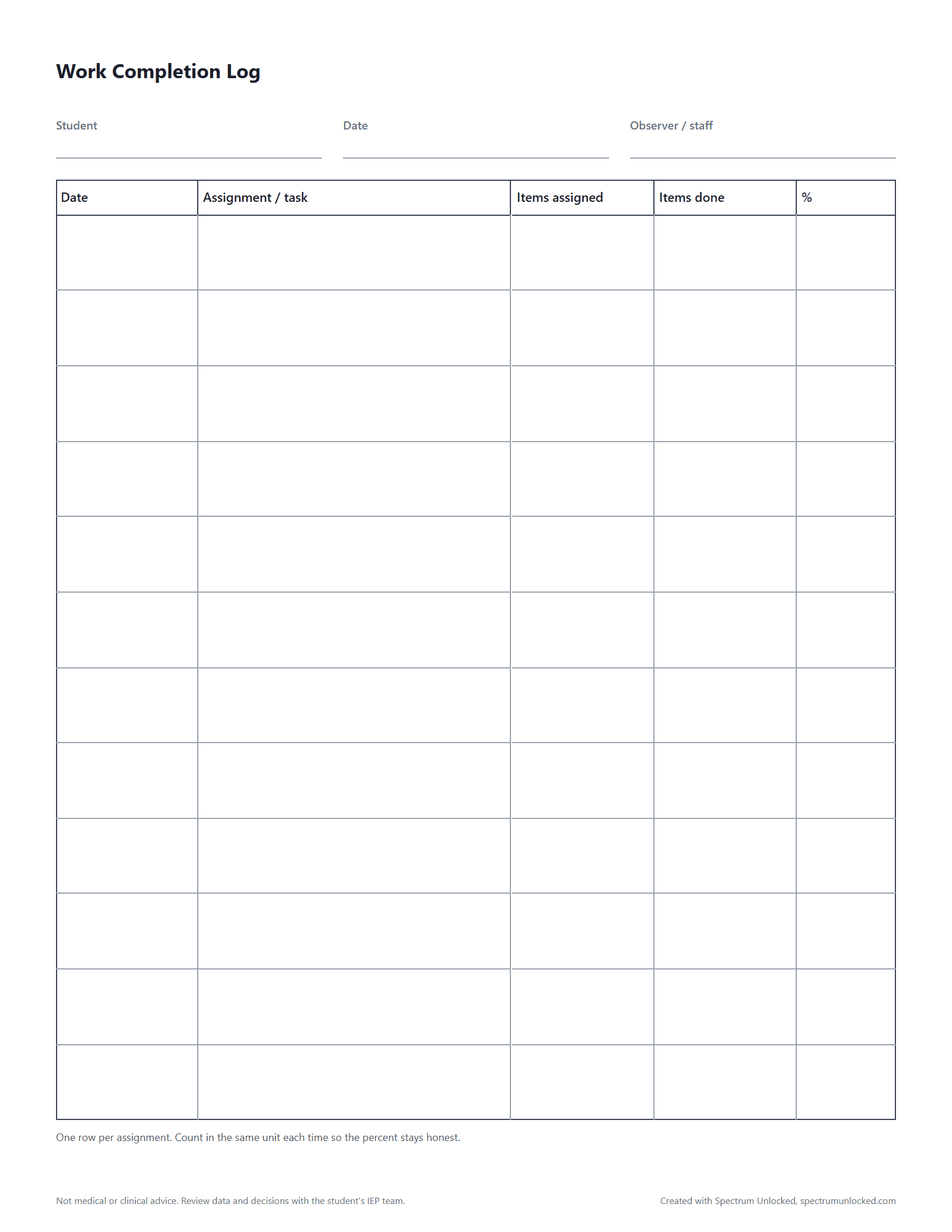 Preview of the Work Completion Log, a free printable autism data collection sheet from Spectrum Unlocked