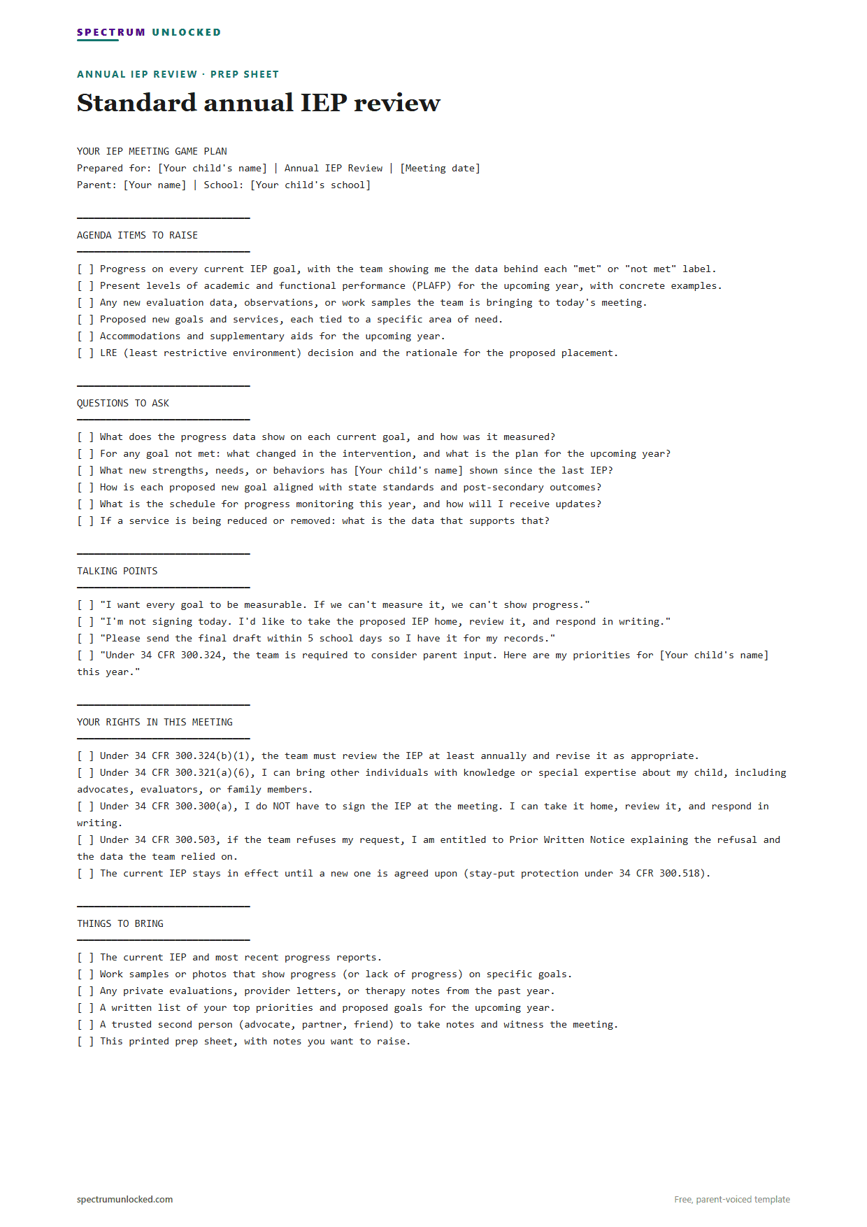 Sample Annual IEP review IEP meeting prep sheet from Spectrum Unlocked, a free parent-voiced template