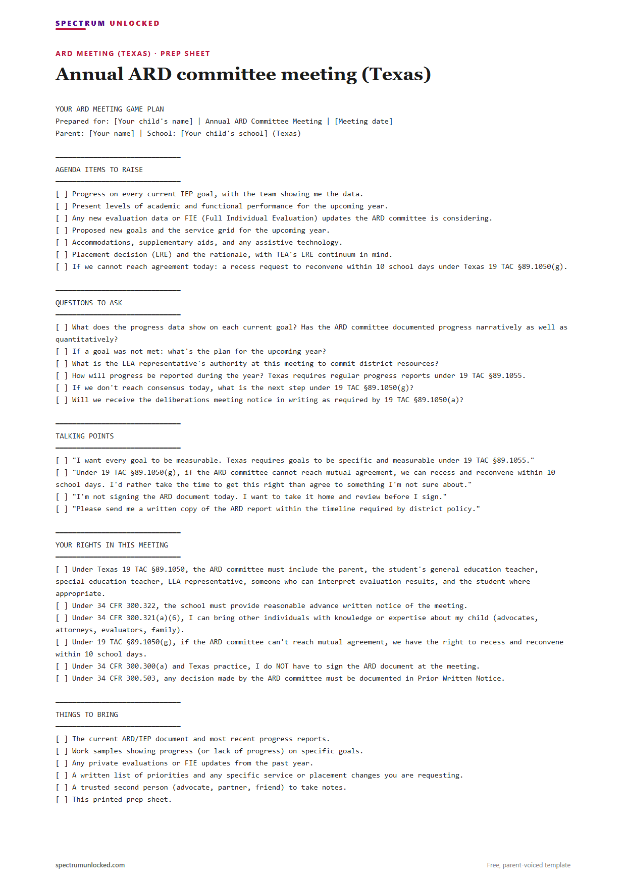 Sample ARD meeting (Texas) IEP meeting prep sheet from Spectrum Unlocked, a free parent-voiced template