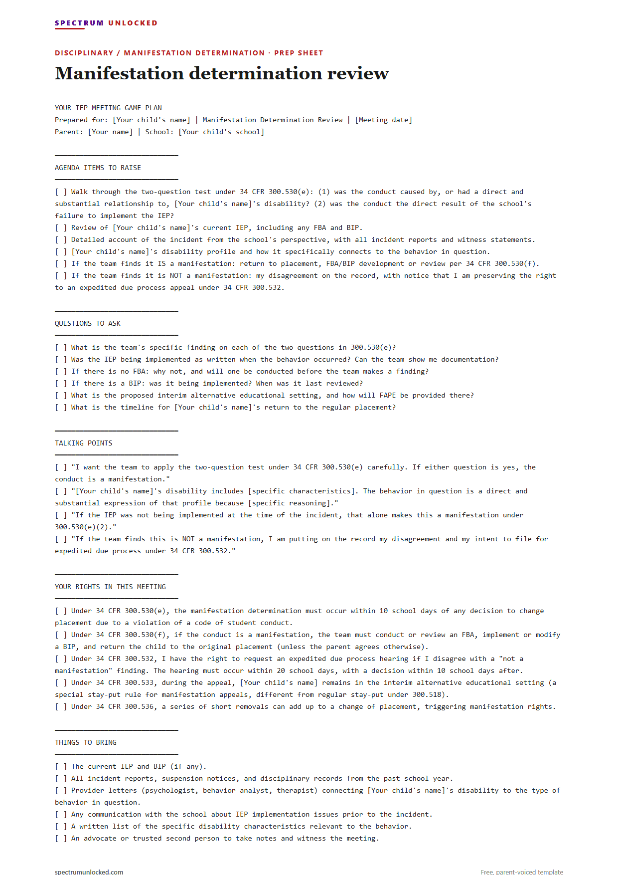 Sample Disciplinary / manifestation determination IEP meeting prep sheet from Spectrum Unlocked, a free parent-voiced template