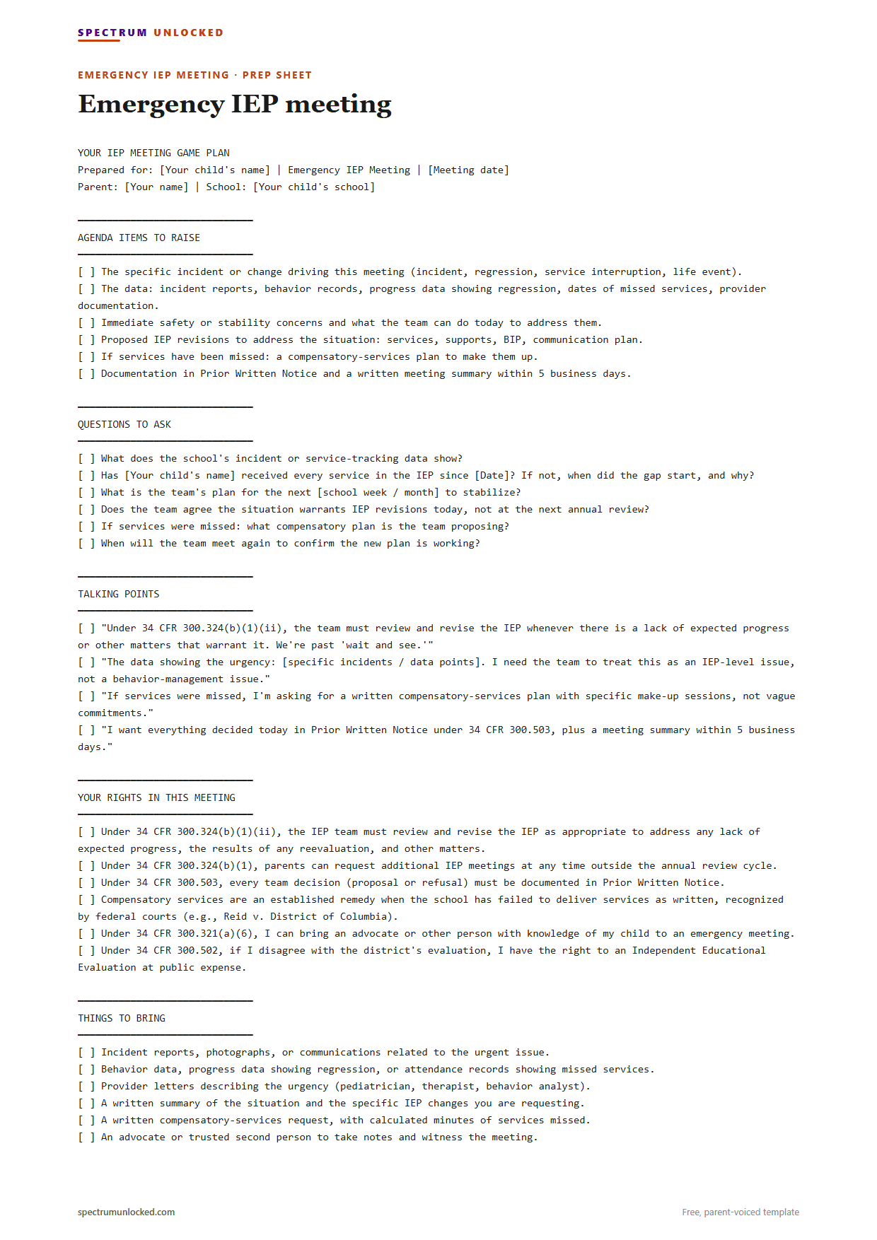 Sample Emergency IEP meeting IEP meeting prep sheet from Spectrum Unlocked, a free parent-voiced template
