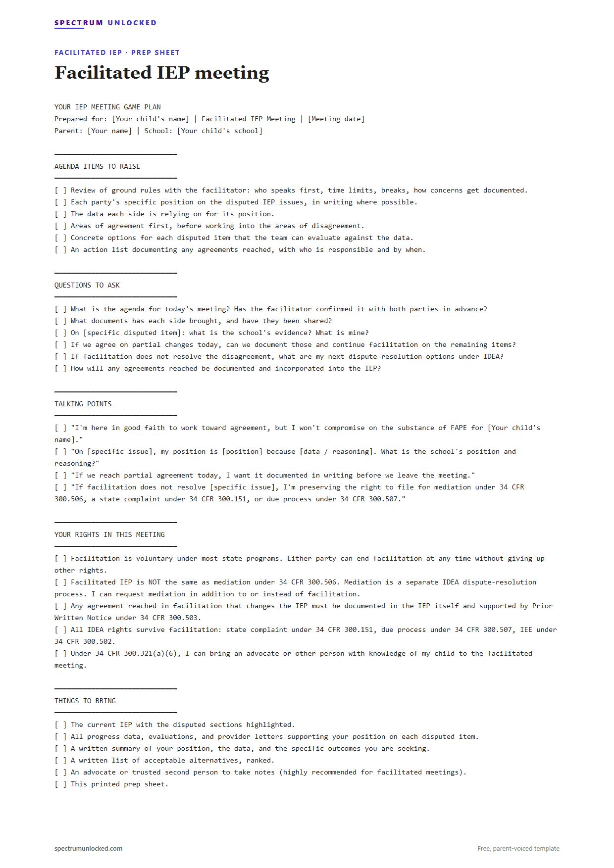 Sample Facilitated IEP IEP meeting prep sheet from Spectrum Unlocked, a free parent-voiced template