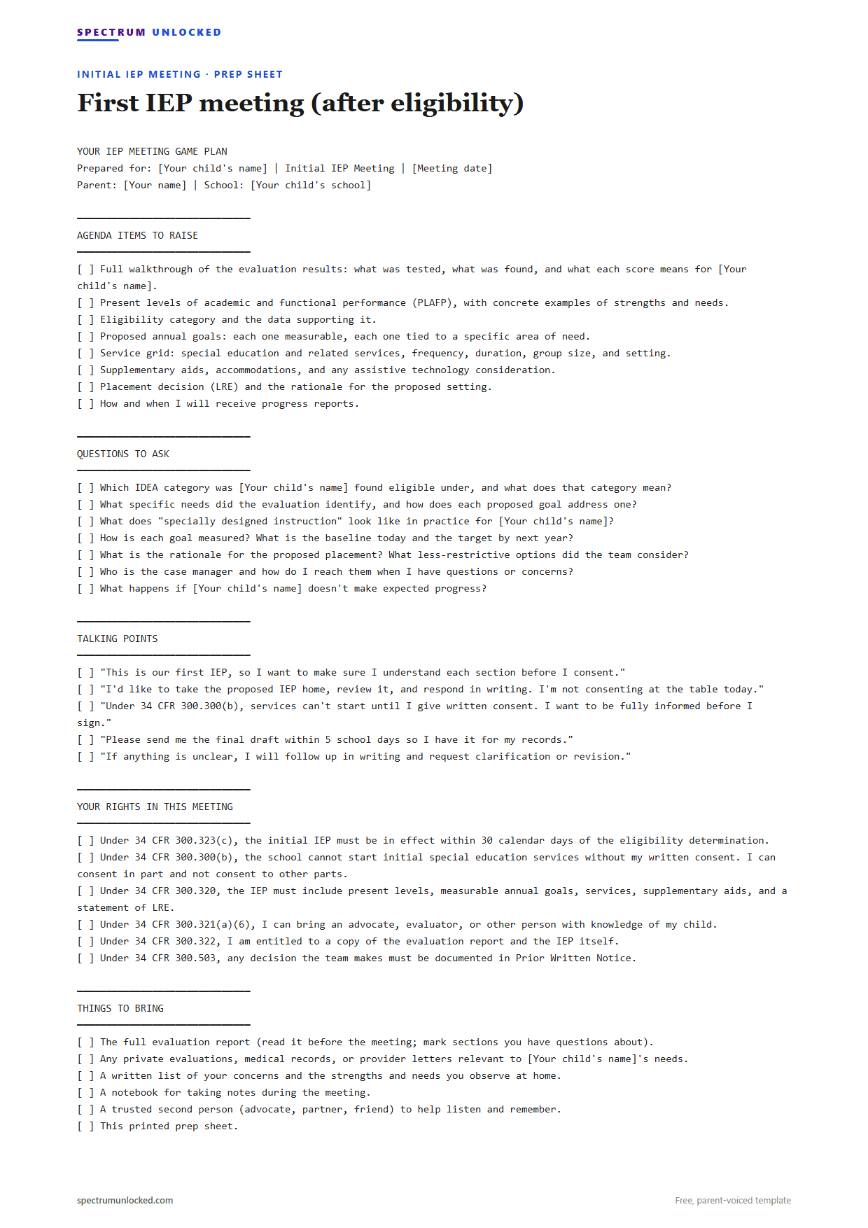 Sample Initial IEP meeting IEP meeting prep sheet from Spectrum Unlocked, a free parent-voiced template