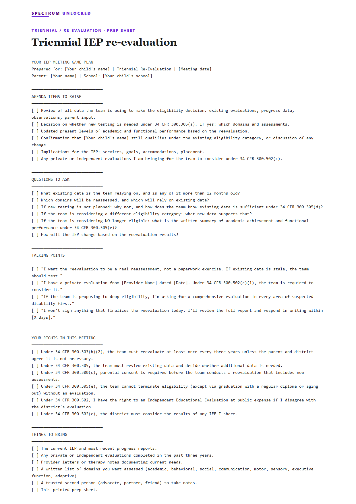 Sample Triennial / re-evaluation IEP meeting prep sheet from Spectrum Unlocked, a free parent-voiced template