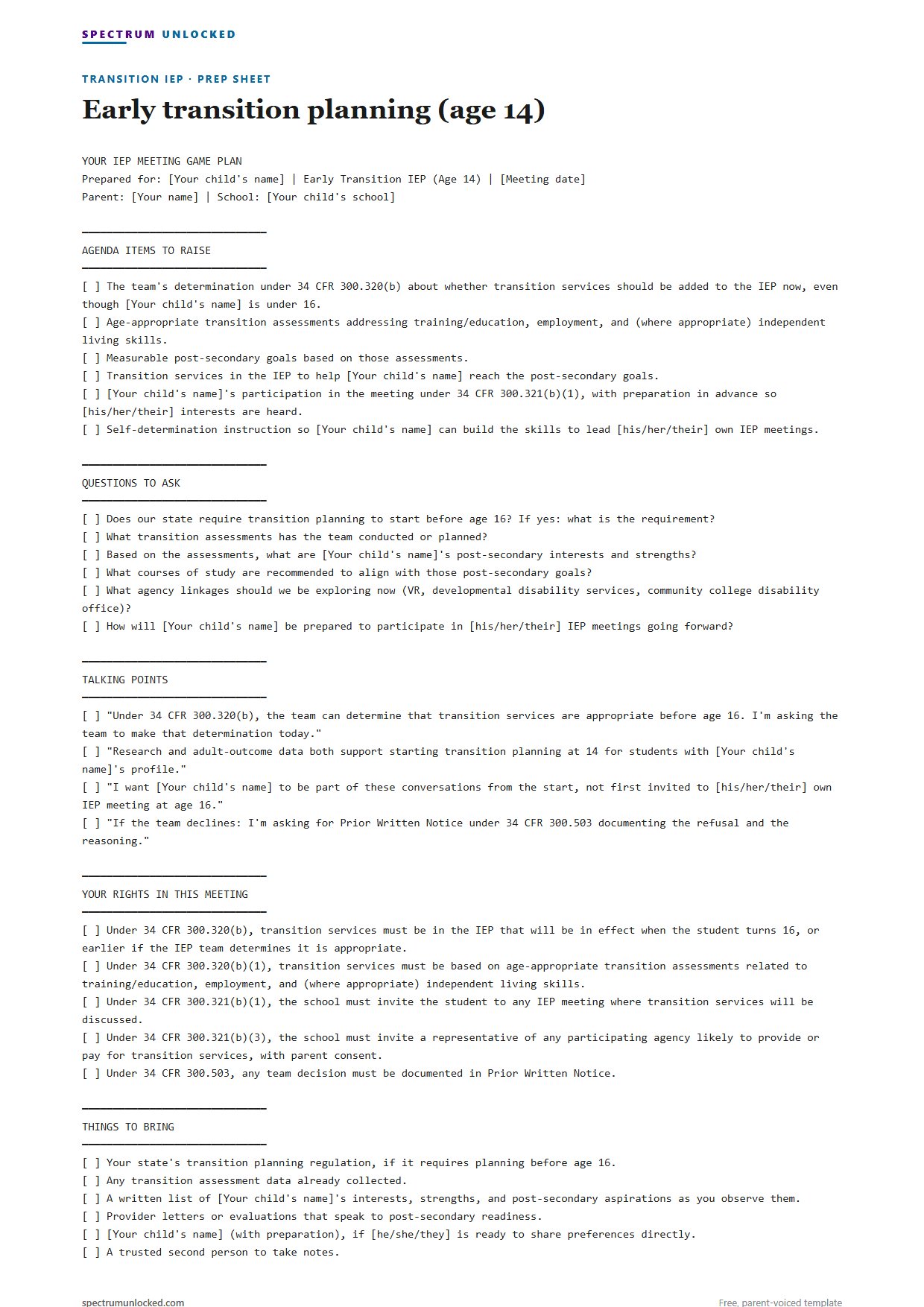 Sample Transition IEP IEP meeting prep sheet from Spectrum Unlocked, a free parent-voiced template