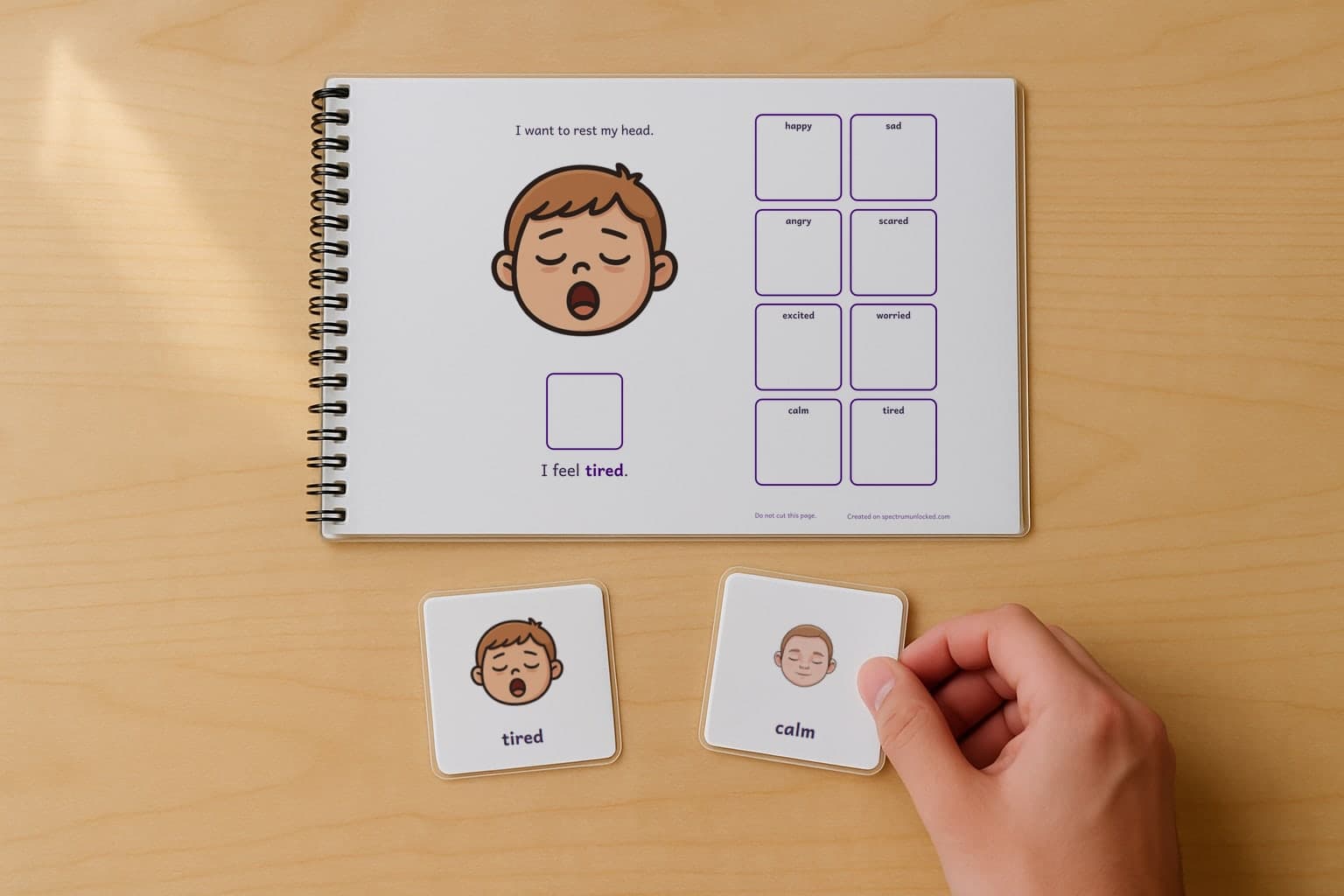 The last page of the Feelings adapted book with its choice column, two picture cards resting beside it