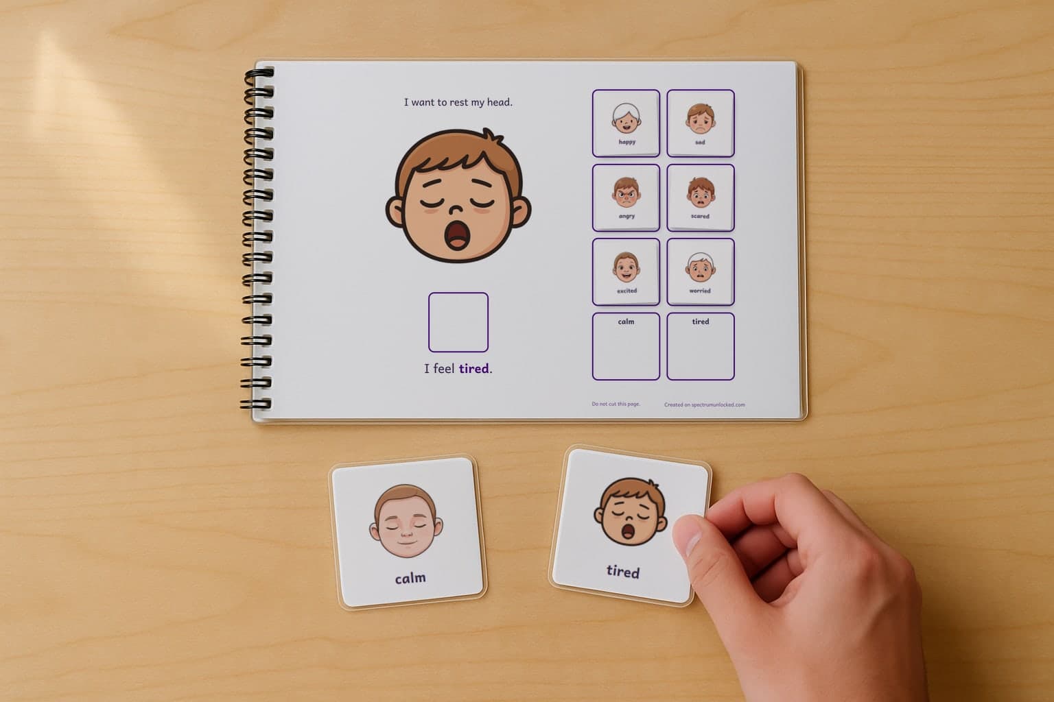 The Feelings adapted book with its picture cards stored on the choice column, the last two loose on the table