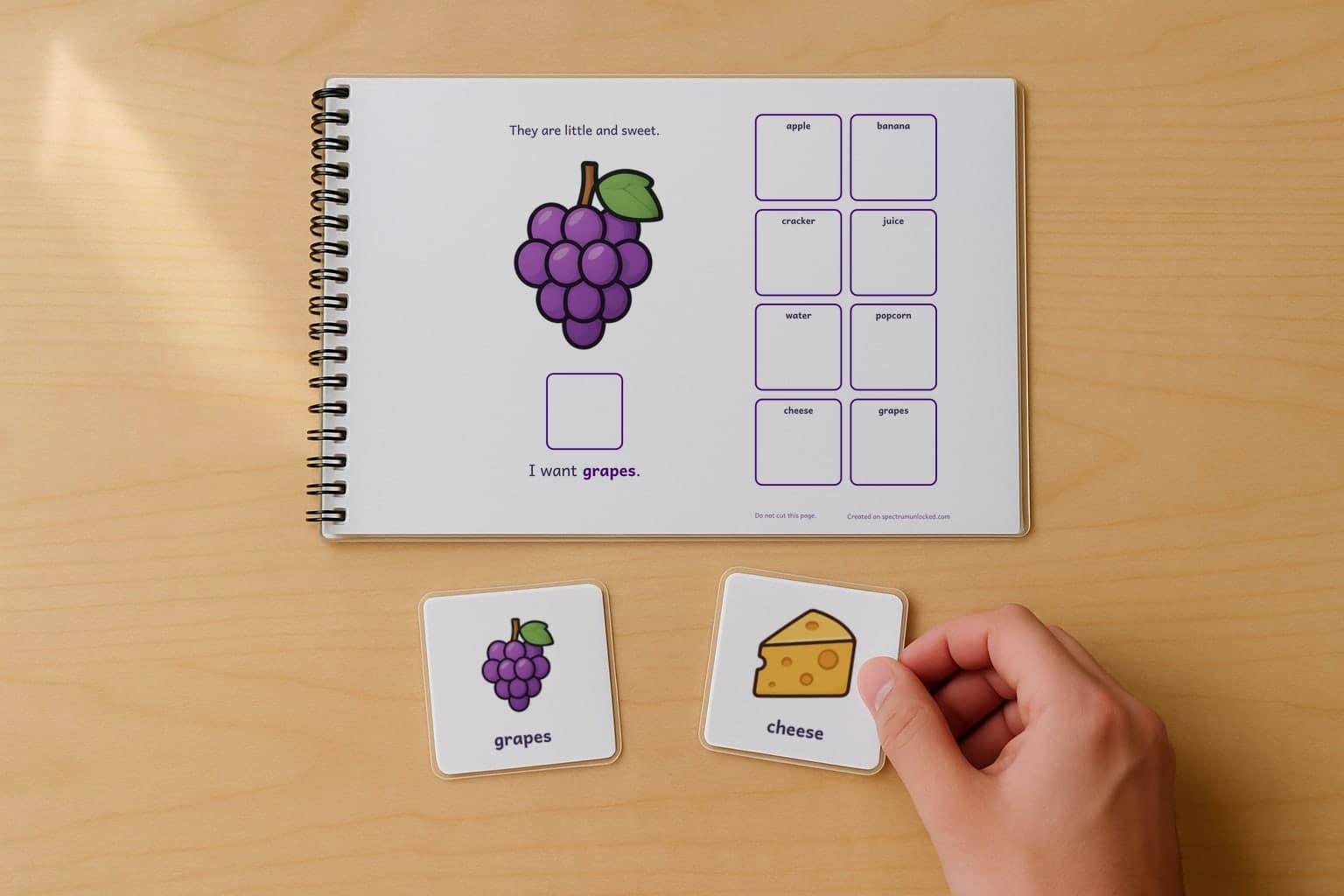 The last page of the Snack Choices adapted book with its choice column, two picture cards resting beside it