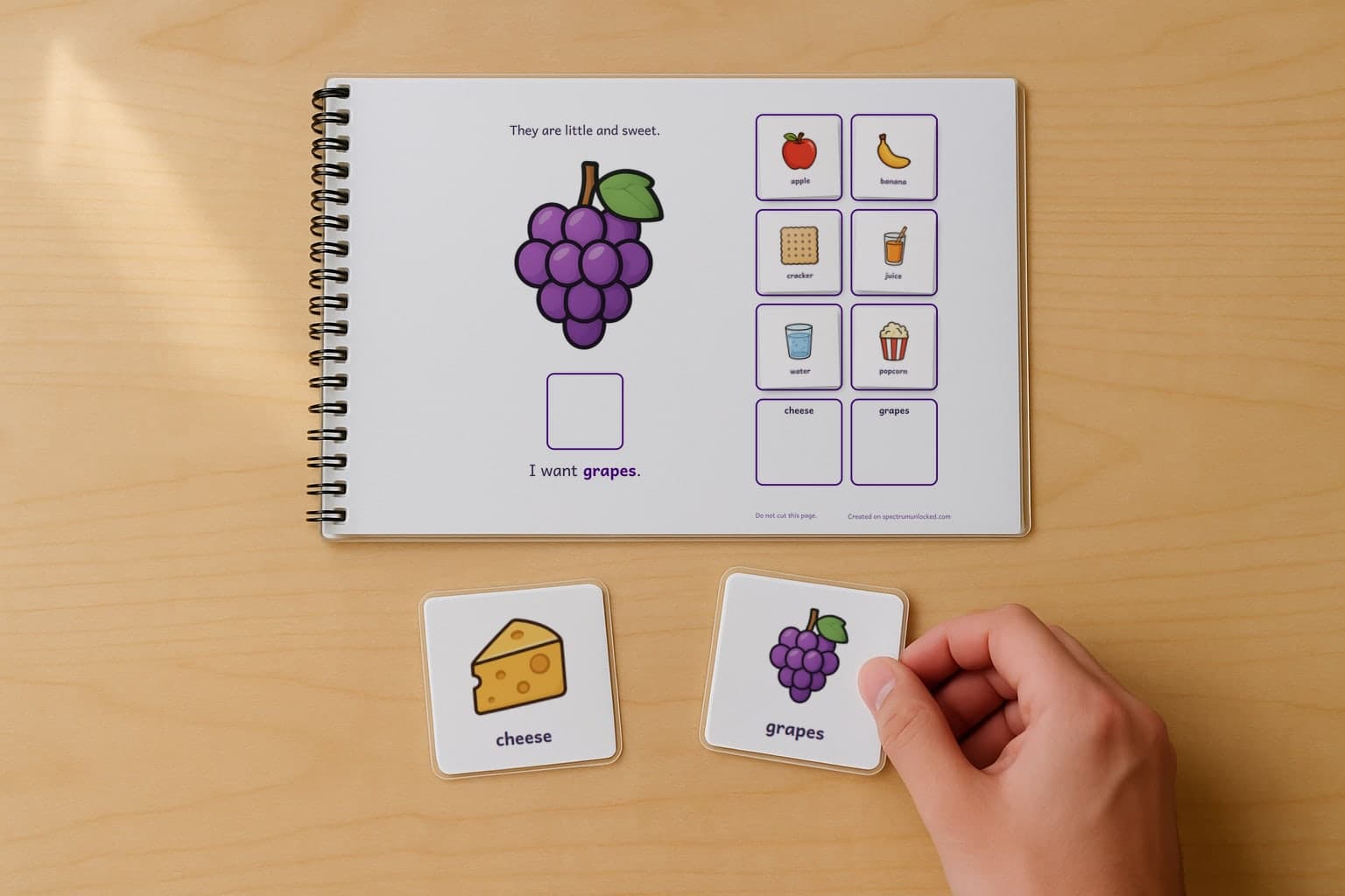 The Snack Choices adapted book with its picture cards stored on the choice column, the last two loose on the table