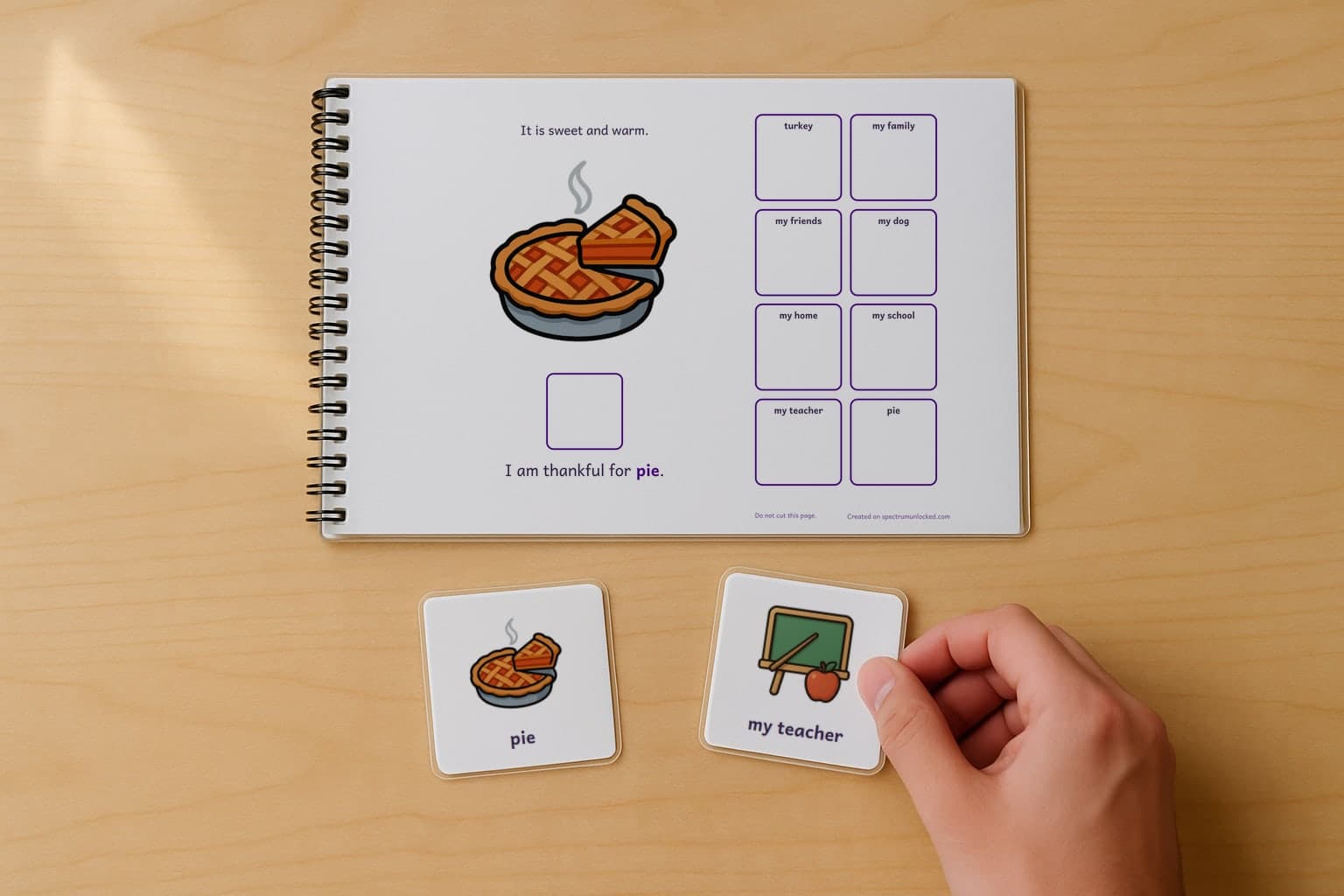 The last page of the I Am Thankful adapted book with its choice column, two picture cards resting beside it
