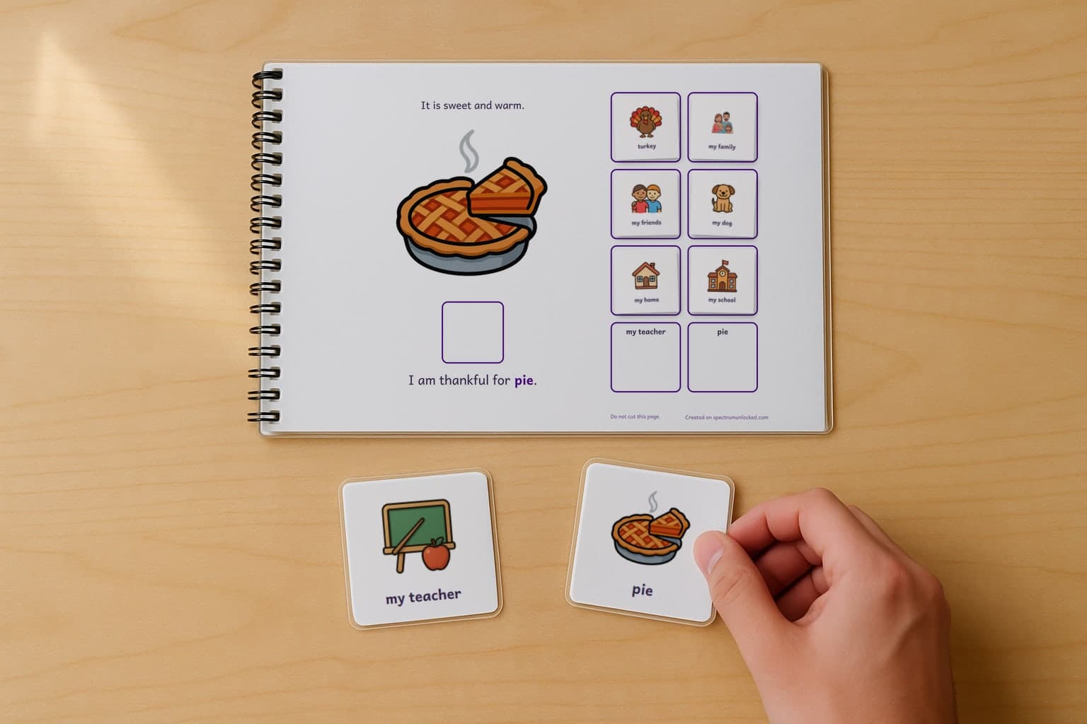 The I Am Thankful adapted book with its picture cards stored on the choice column, the last two loose on the table