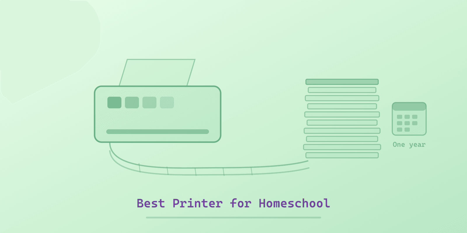 A green cover showing a printer feeding a long continuous run of pages that stack into a tall pile, with a small calendar block marking a full school year.