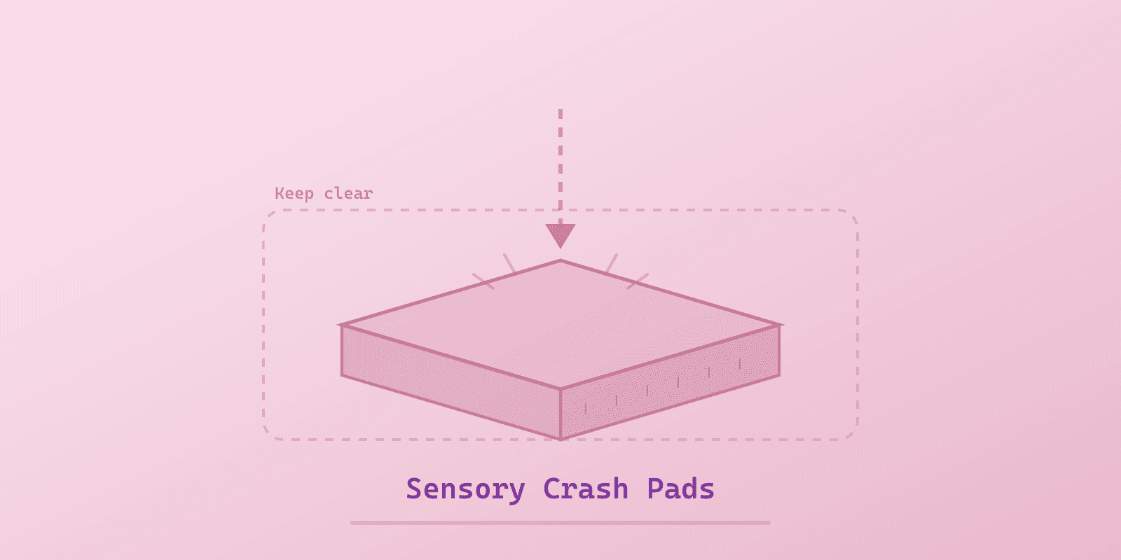 A rose cover showing a thick square crash pad on a floor with a clear zone marked around it and a downward arrow indicating a landing.