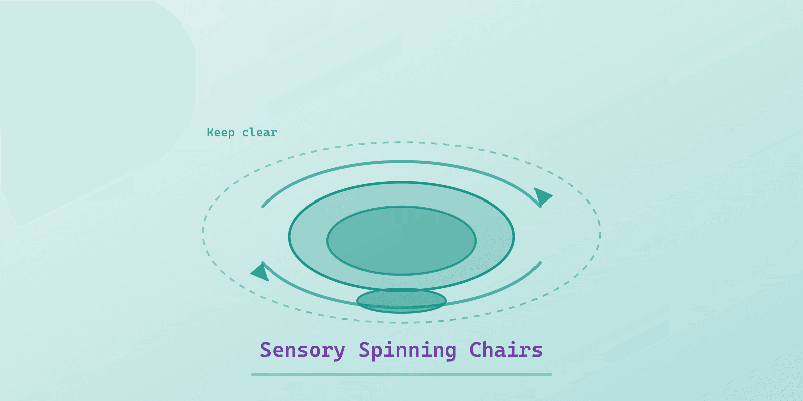 A teal cover showing a round bowl-shaped spinning chair seen from above with curved motion arrows circling it and a clear floor zone marked around its base.